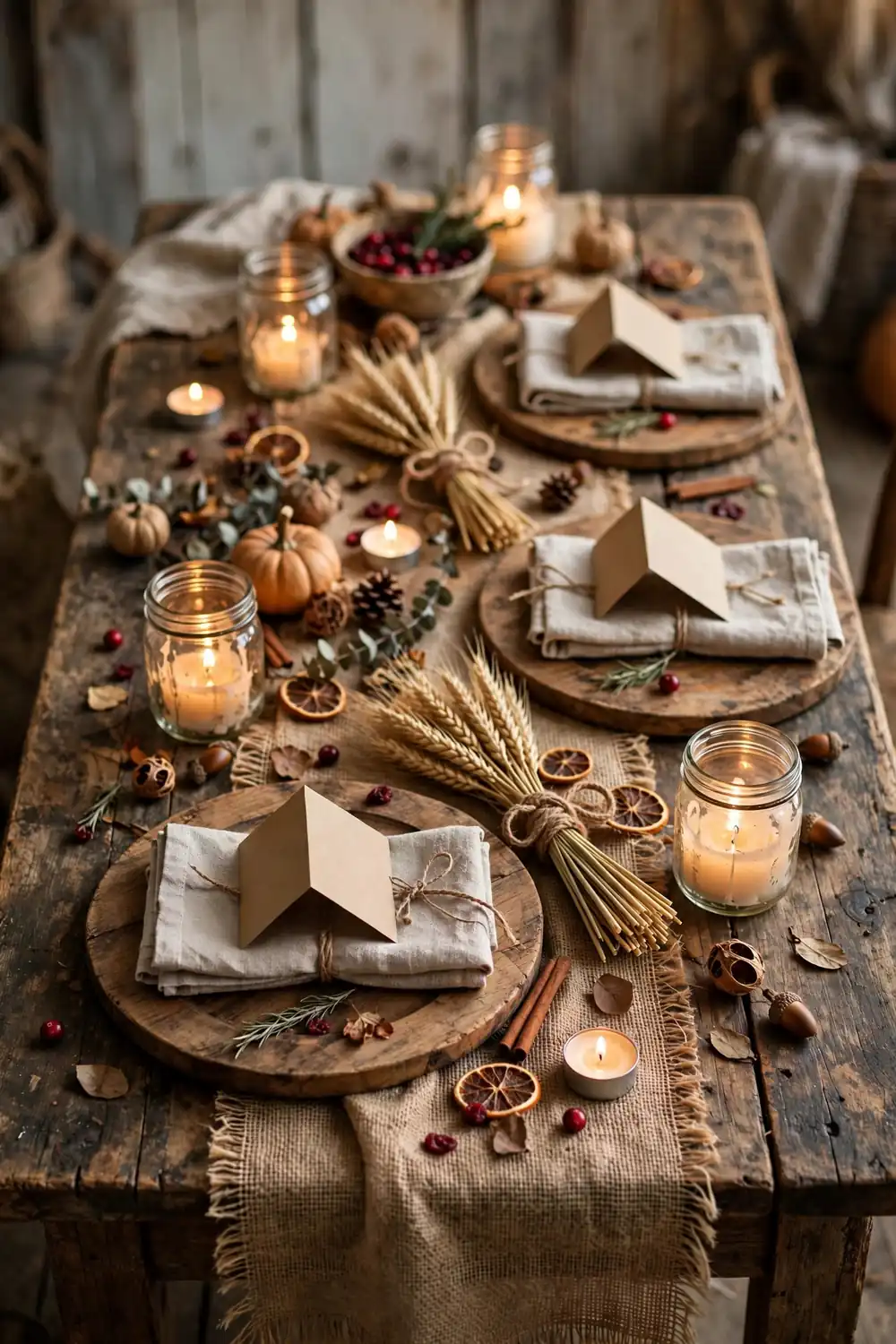 Rustic farmhouse Thanksgiving table with burlap runner and wheat bundles