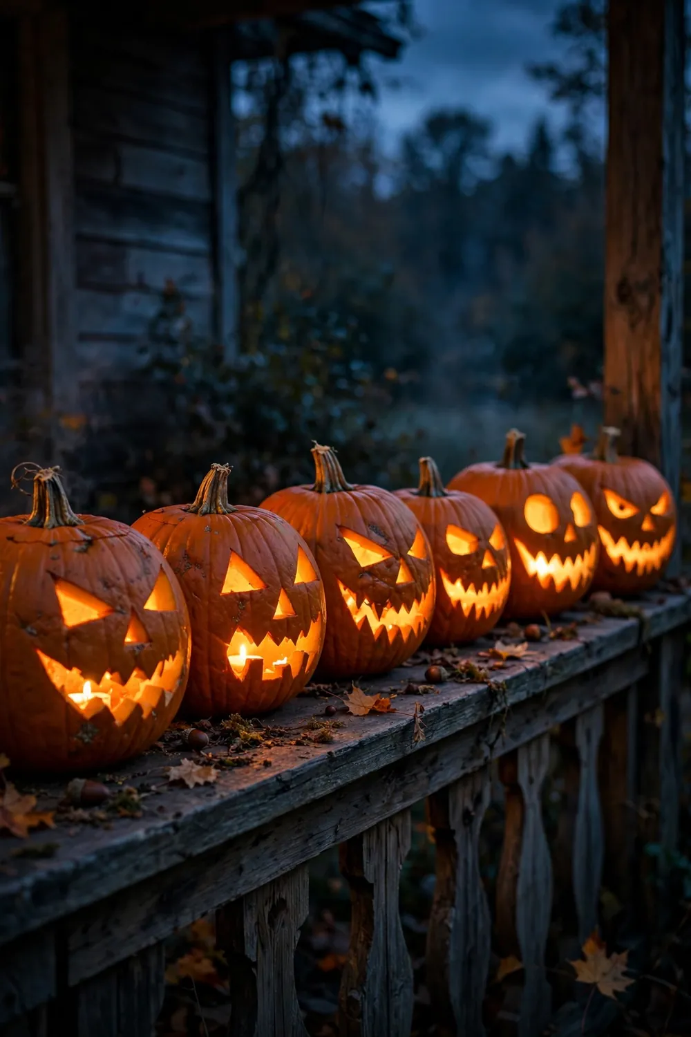 Carved Jack O Lanterns Glowing at Dusk Halloween porch decor featuring a row of carved glowing jack o lanterns on a porch at dusk