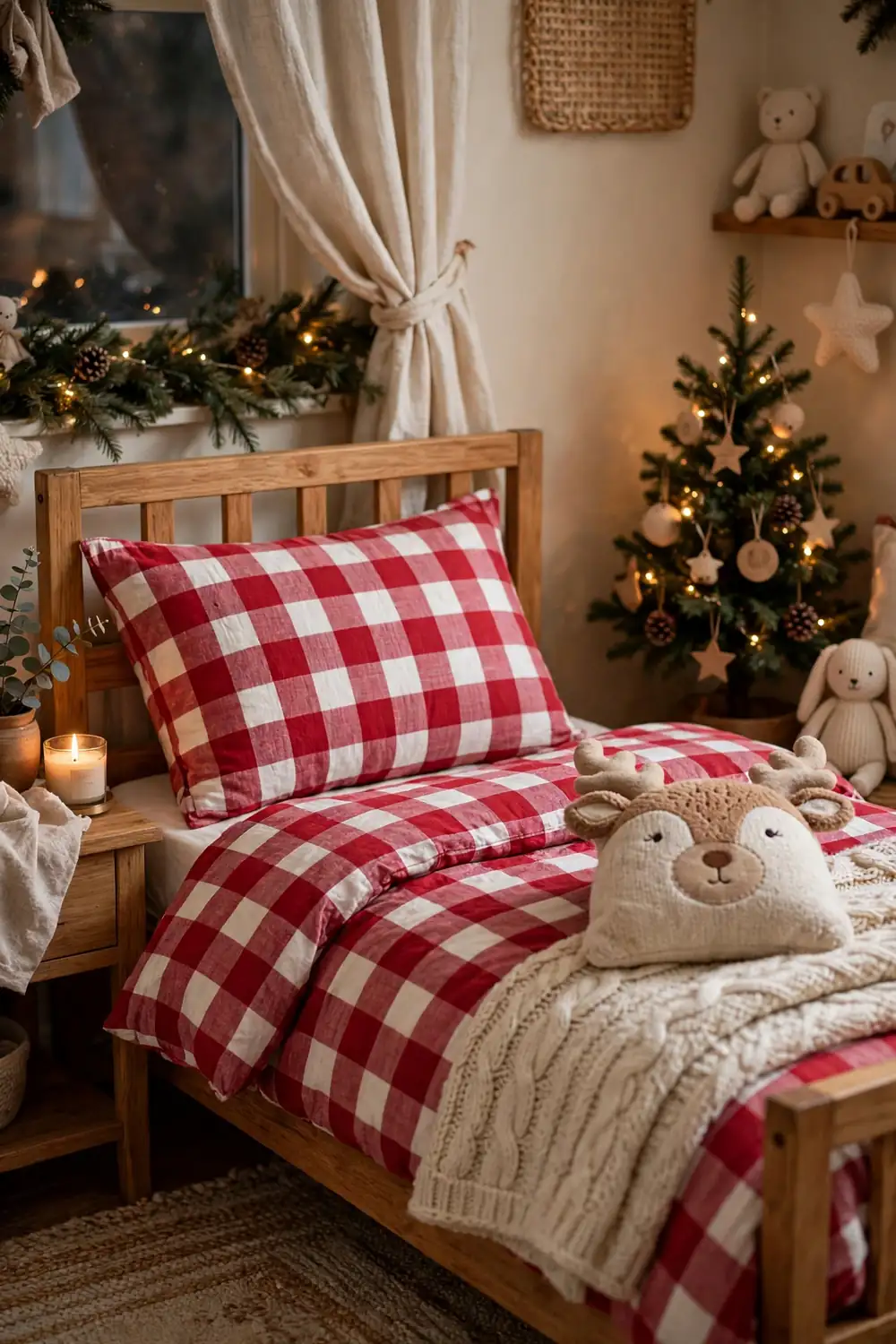 Cozy Christmas Bedding for a Kids Room Christmas kids room decor ideas with festive red and white bedding on a child bed