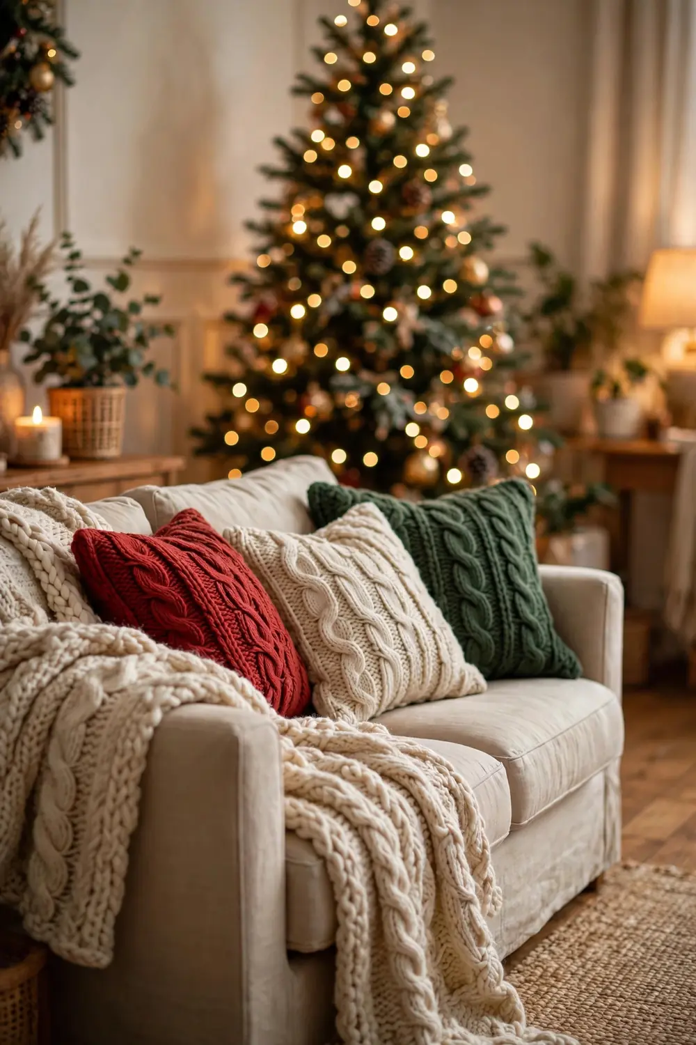 Cozy sofa with chunky knit throws and pillows for Christmas