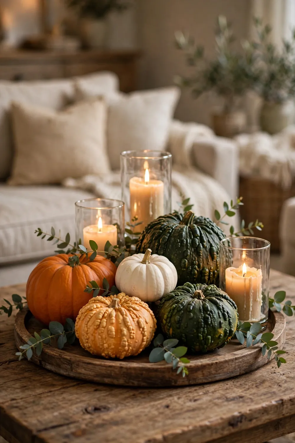 Pumpkin Cluster on the Coffee Table Pumpkin and gourd cluster with candles on a wooden coffee table, a warm thanksgiving living room decor idea