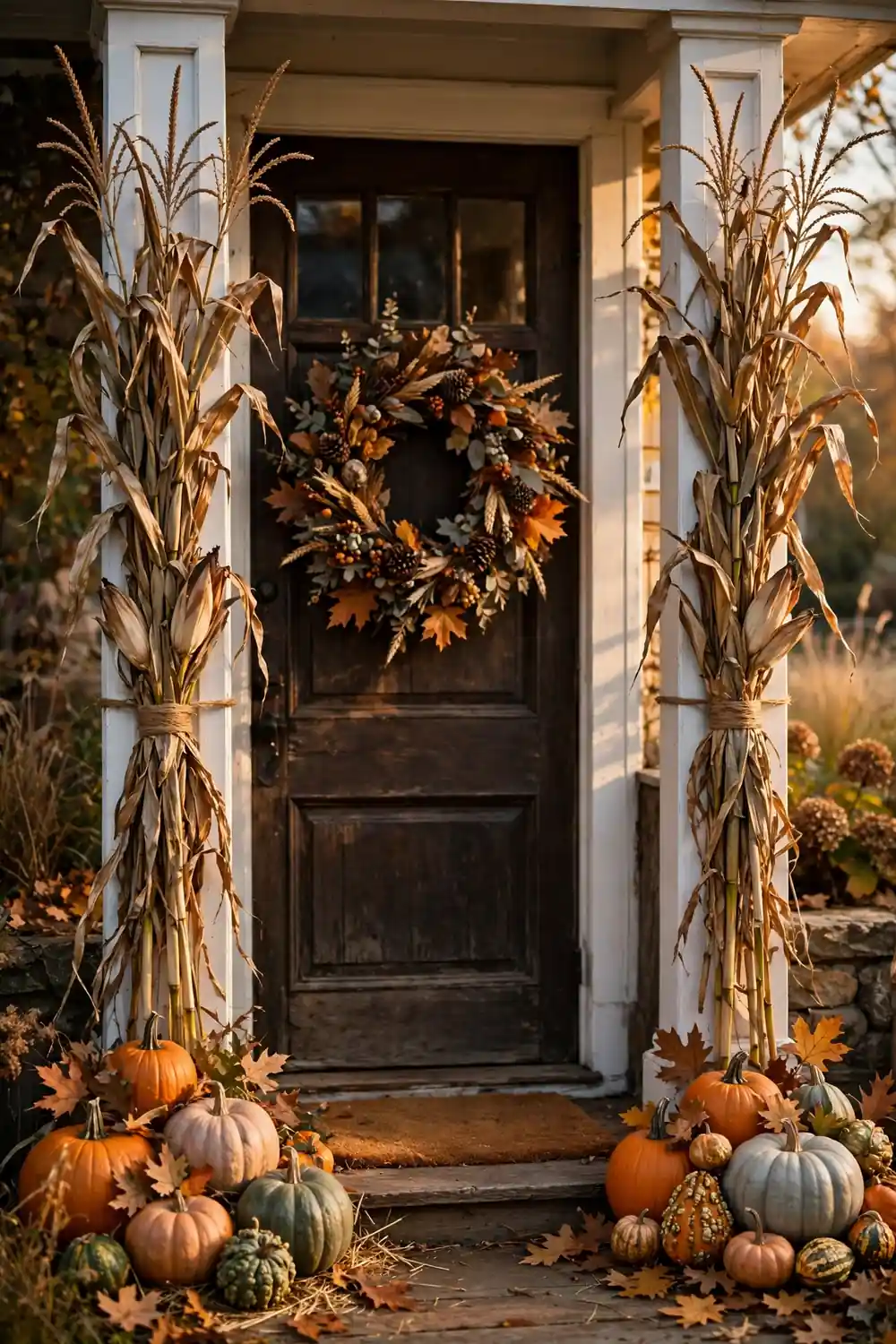 Cornstalks framing the front door, a classic thanksgiving porch decor idea