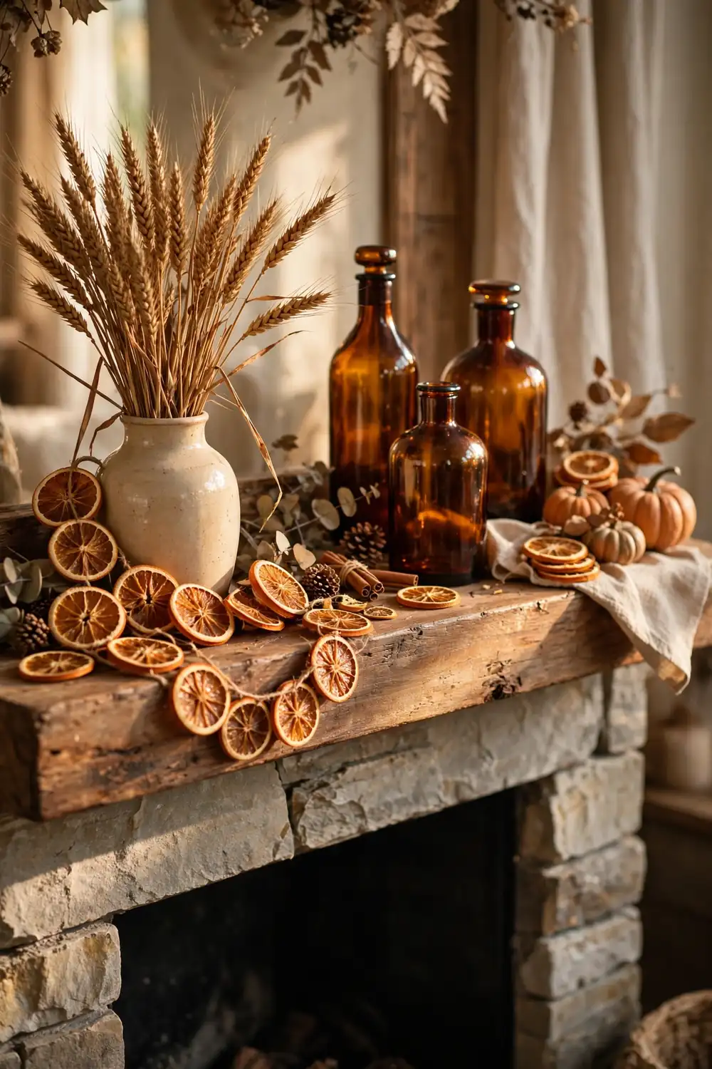 Thanksgiving mantel decor ideas with dried orange slices, wheat stalks, and amber glass bottles