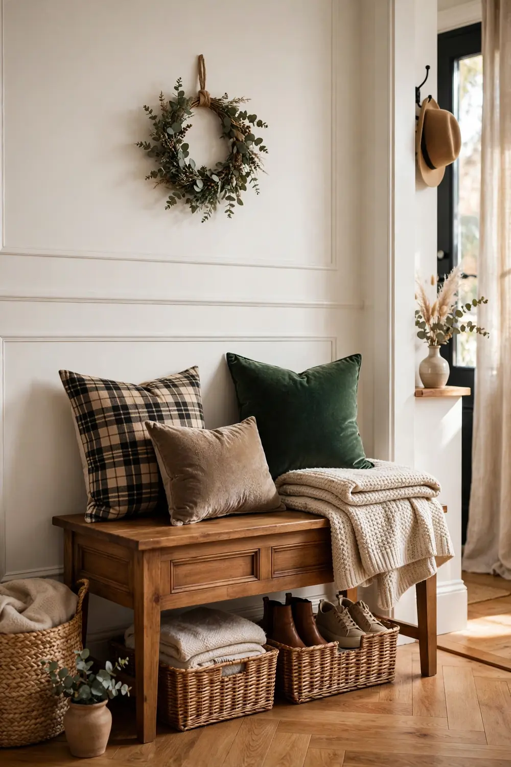 Entryway bench with plaid pillows, knit throw, and small wreath Wooden entryway bench with plaid and velvet christmas pillows, a cozy christmas entryway decor ideas styling