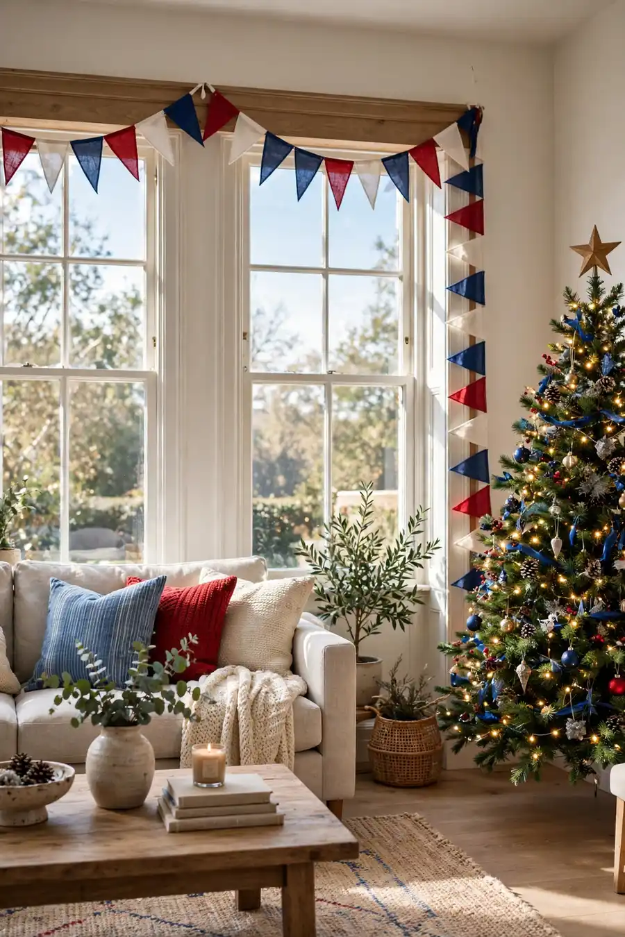 Flag Bunting Across Living Room Windows Patriotic flag bunting hung across living room windows with Americana Christmas decor