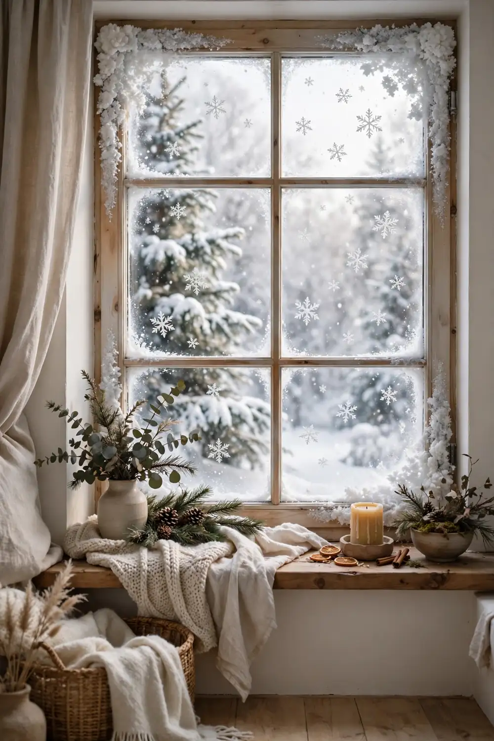 Snowflake decals and spray on snow on a Christmas window, an easy christmas window decor ideas project