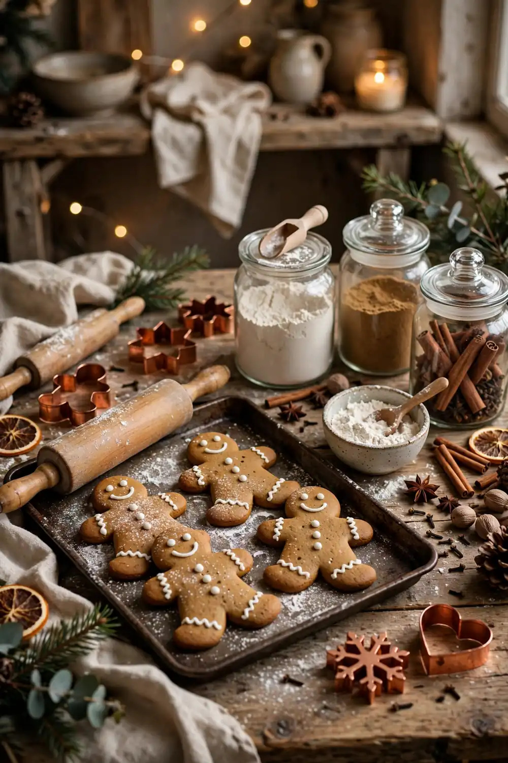 Gingerbread baking station vignette with cookie cutters Gingerbread Christmas decor ideas with a baking station styled with cookie cutters and flour jars
