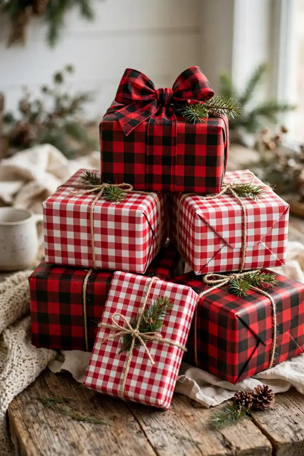 Gingham and check wrapping paper rolls in holiday colors, a pretty christmas wrapping station idea for pattern lovers