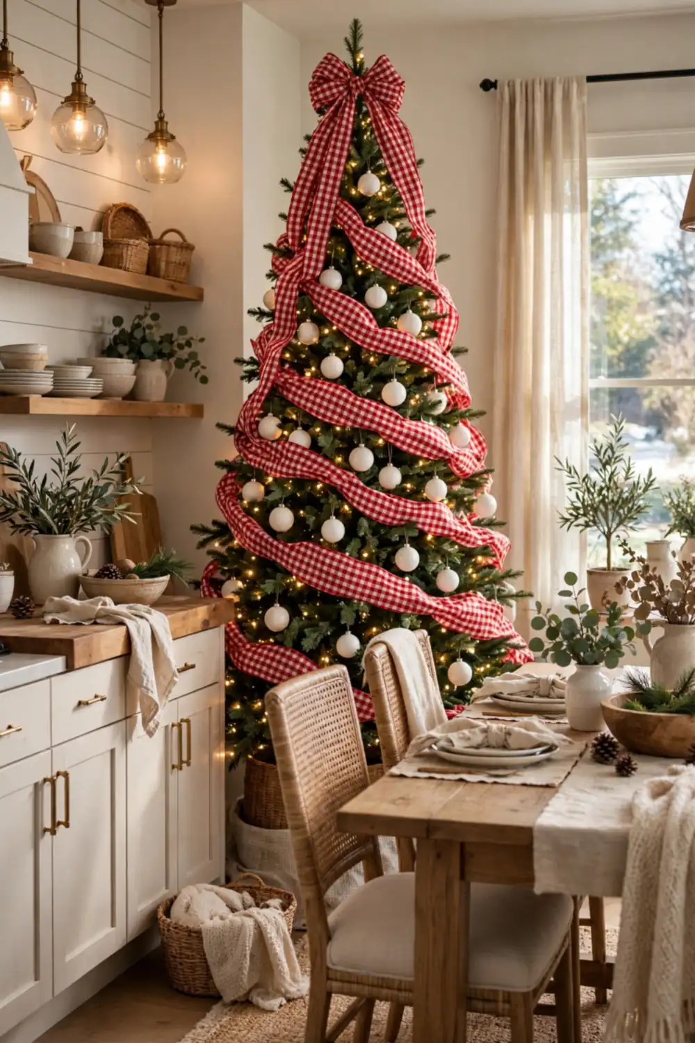 Gingham ribbon cascading down a Christmas tree in gingham Christmas decor style