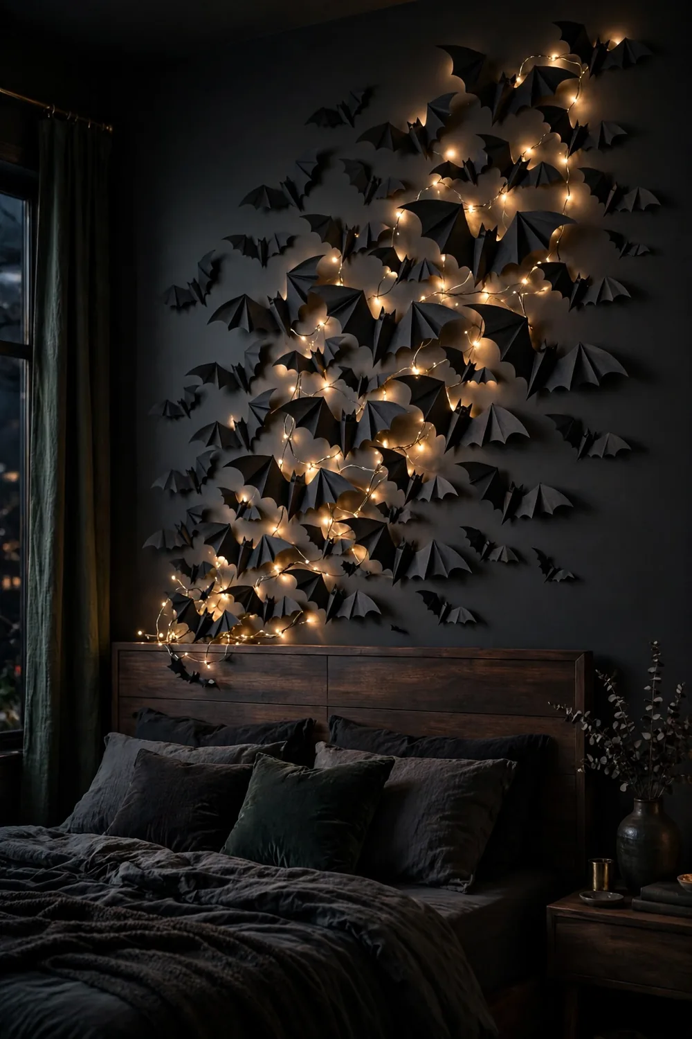 Black paper bat swarm above the headboard with fairy lights Bat swarm wall above a headboard with fairy lights, a dramatic halloween bedroom decor idea