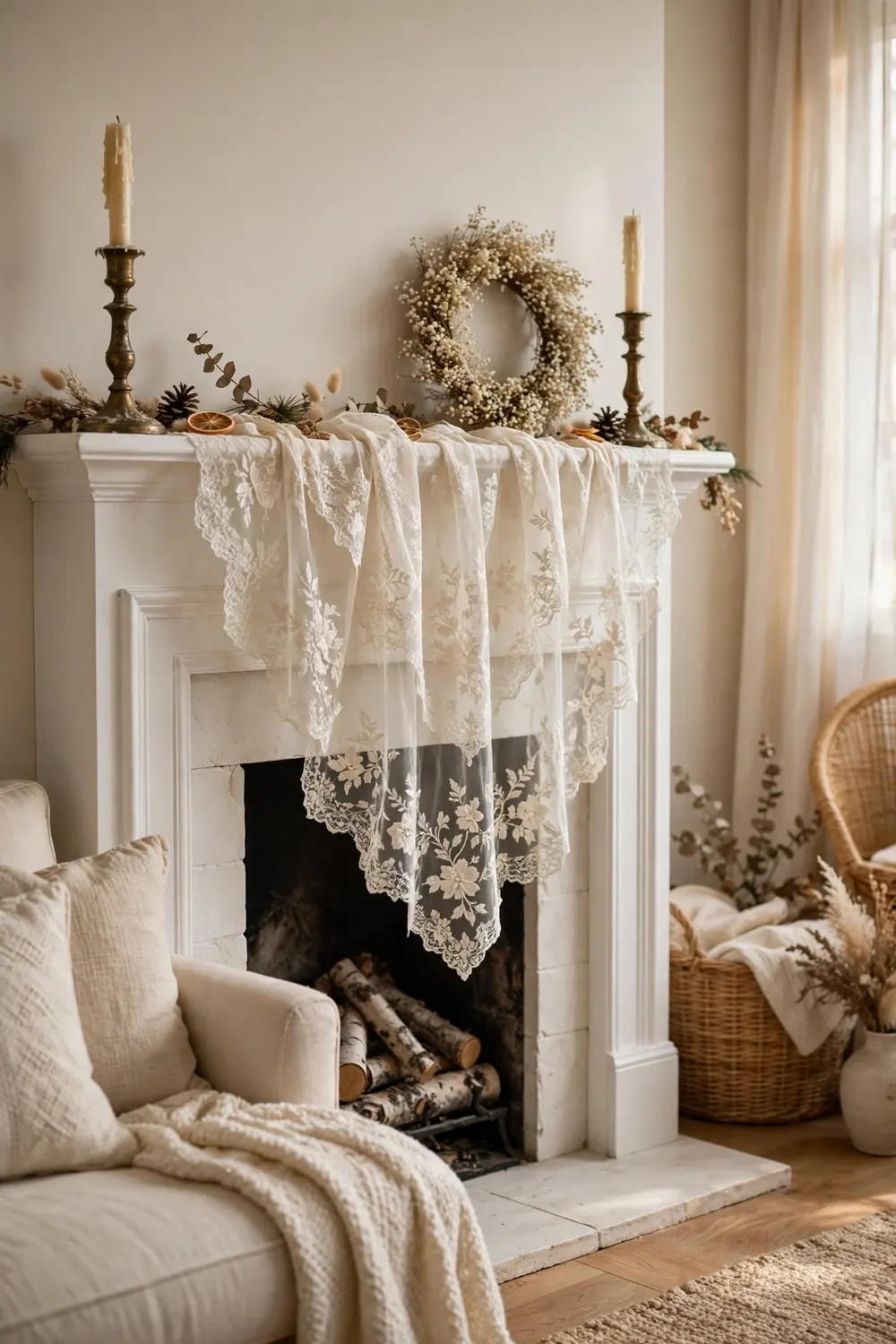 Christmas mantel decor idea with an heirloom lace runner Heirloom lace runner draped across the mantel, a heritage textile christmas mantel decor idea