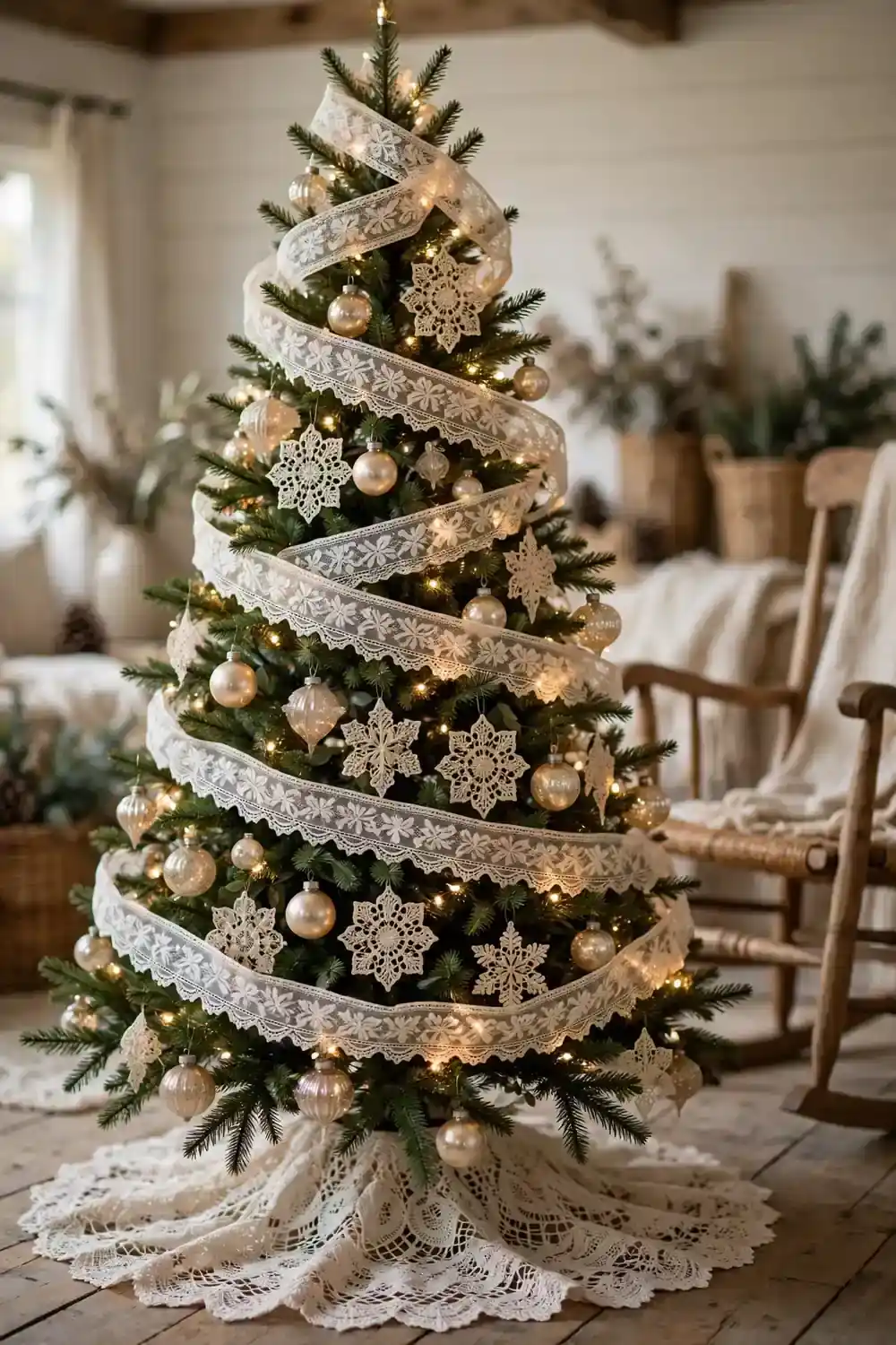 Christmas tree wrapped in ivory heirloom lace ribbon, a romantic christmas tree decor idea with heritage textile charm