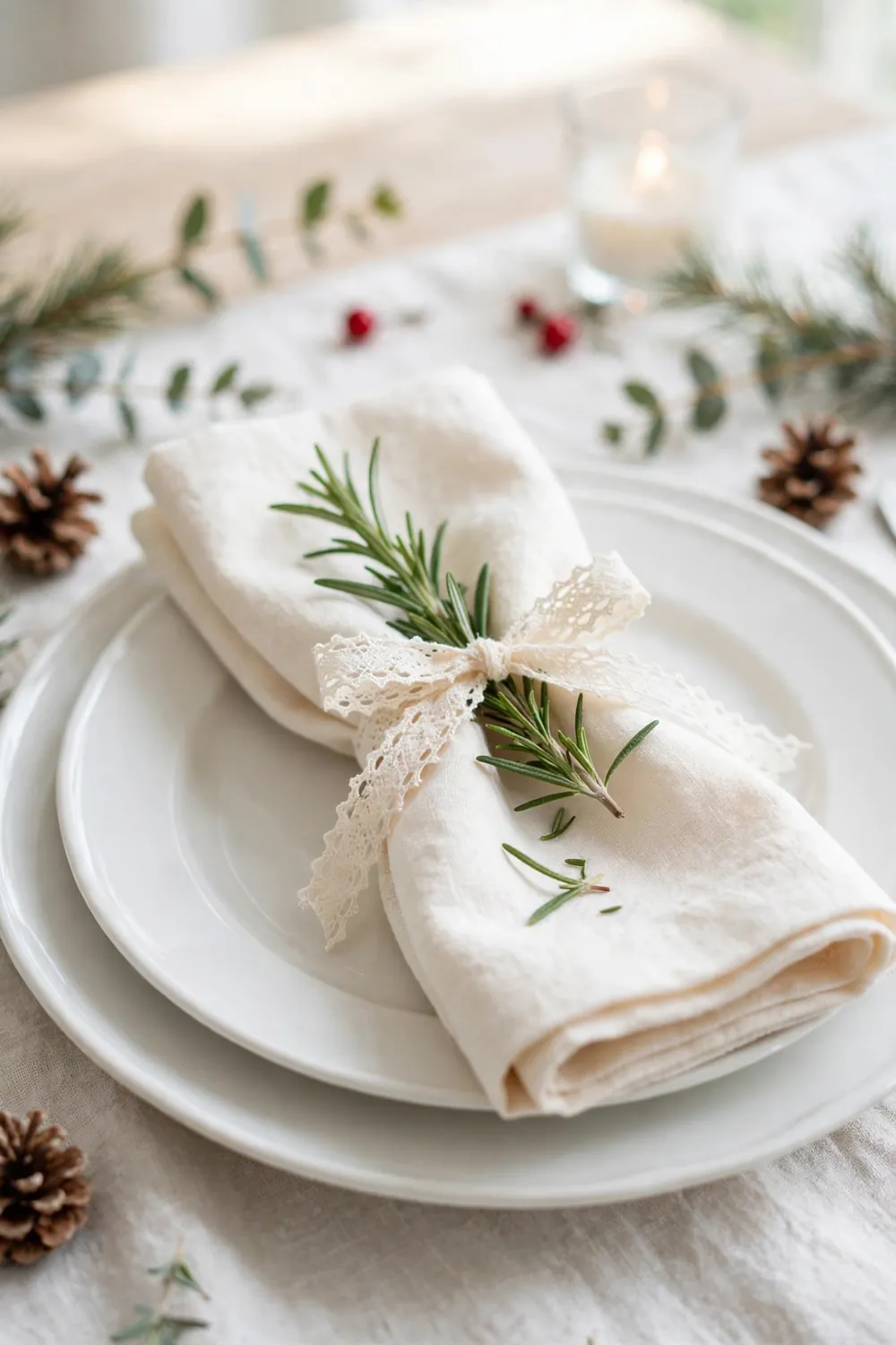 Linen napkins tied with lace ribbon and rosemary sprigs for Christmas dinner
