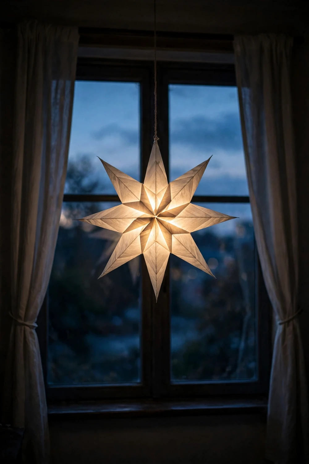 Minimalist Christmas decor ideas: a single glowing paper star hanging in a dark window at dusk