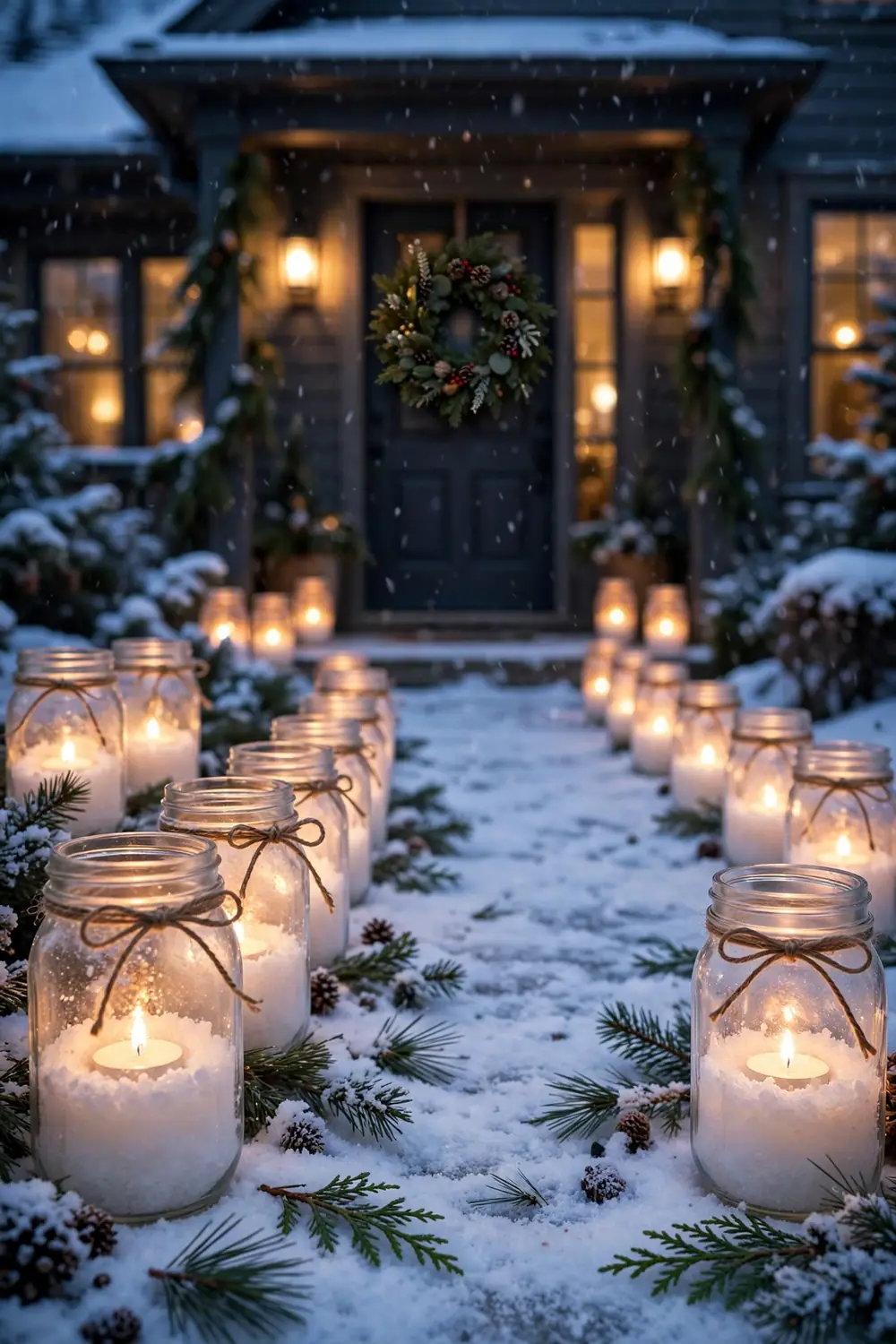 Mason jar luminaries with glowing tea lights lining a snowy walkway, a welcoming christmas candle decor idea for the front porch