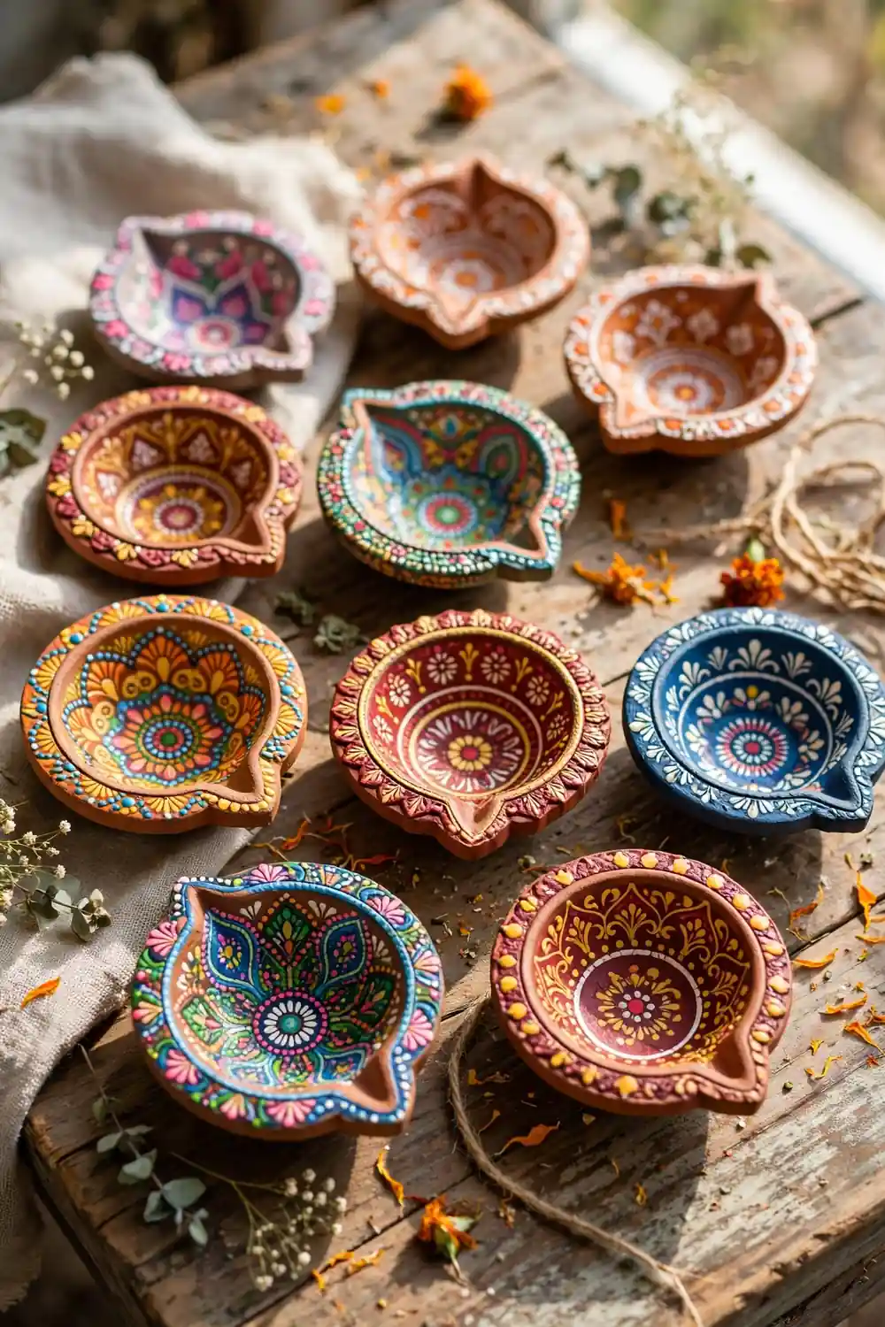 Colorful hand painted clay diyas with dot patterns arranged on a rustic wooden table