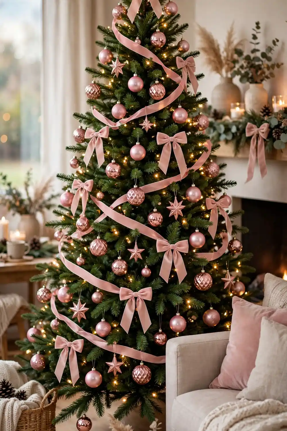 Classic green christmas tree dressed with pink and rose gold ornaments and twinkling lights