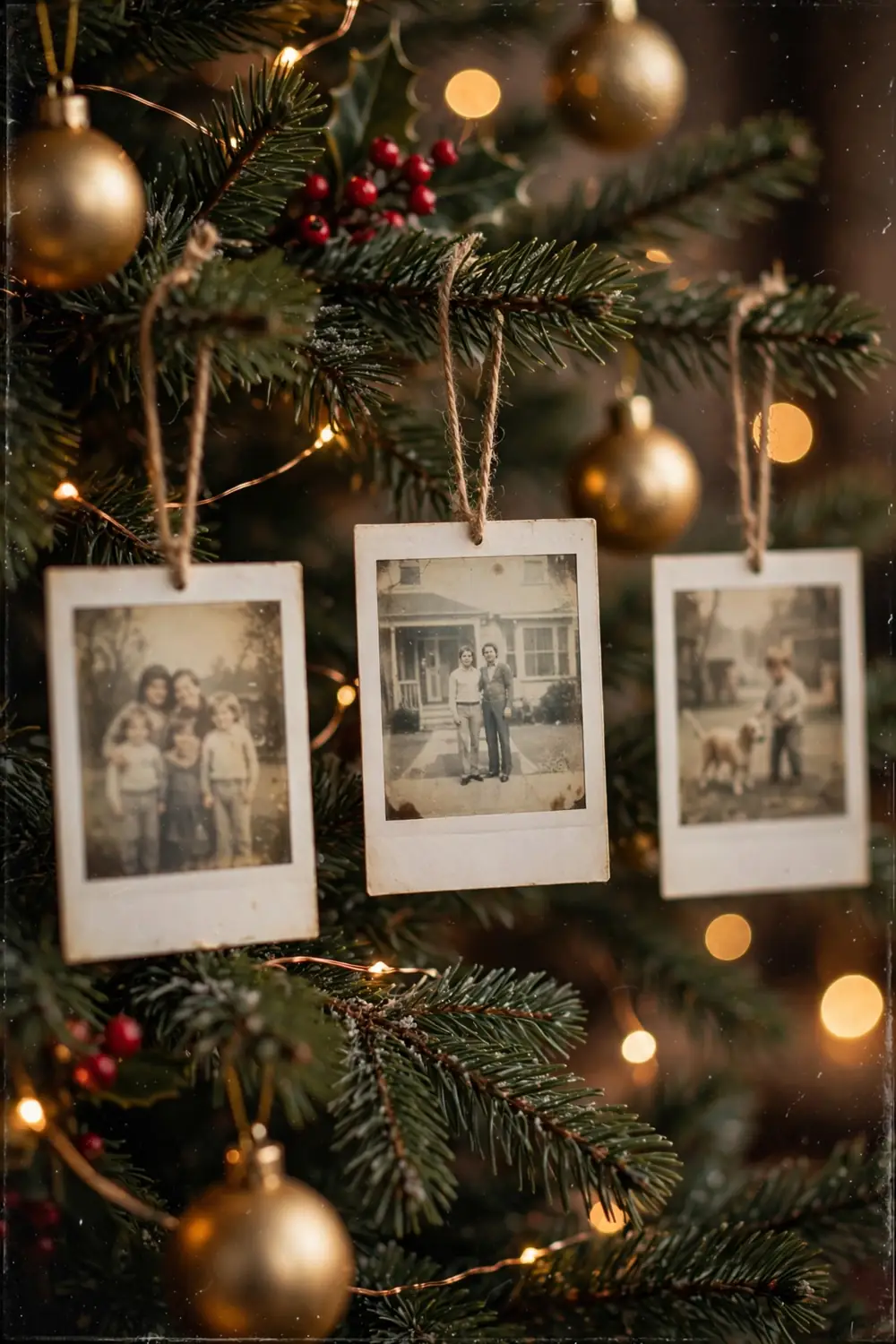 Retro photo inspired Christmas decor: polaroid-style photo ornaments with faded family snapshots on a Christmas tree