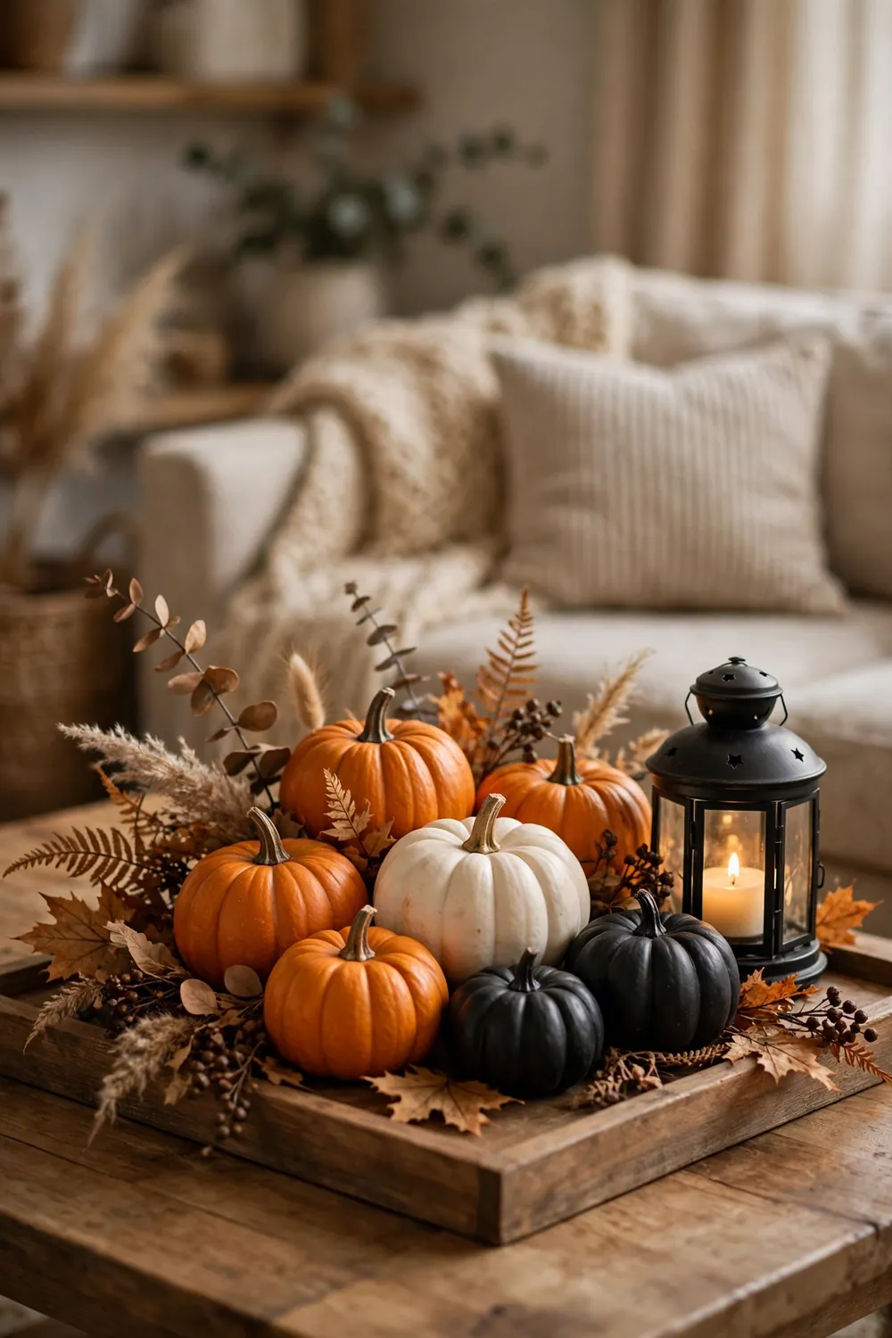 Pumpkin Cluster on the Coffee Table Pumpkin cluster coffee table halloween living room decor ideas with orange and white pumpkins on a tray