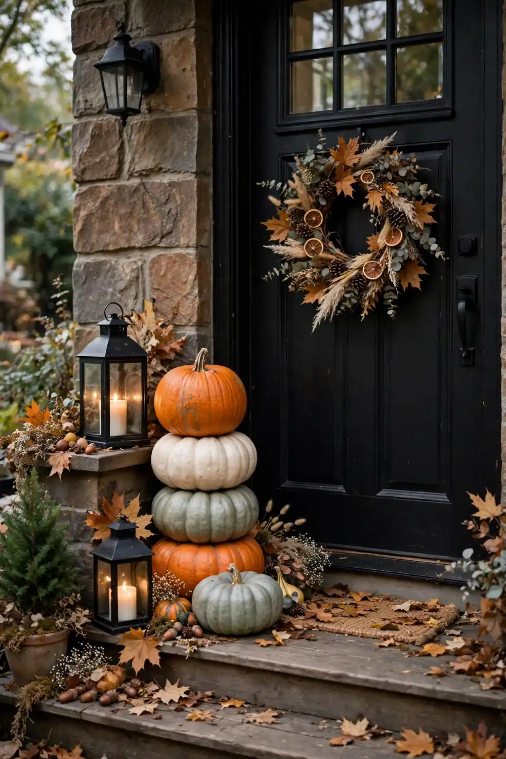 Pumpkin stair stack by the door for halloween entryway decor ideas