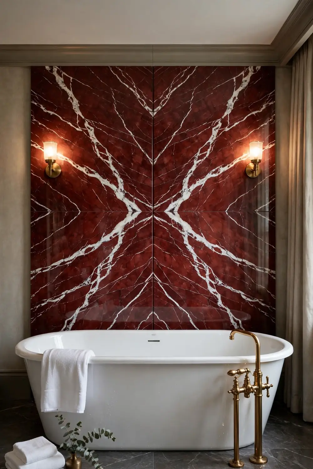 Bookmatched Red Marble Feature Wall Behind the Tub Bookmatched red marble bathroom feature wall behind a freestanding white bathtub