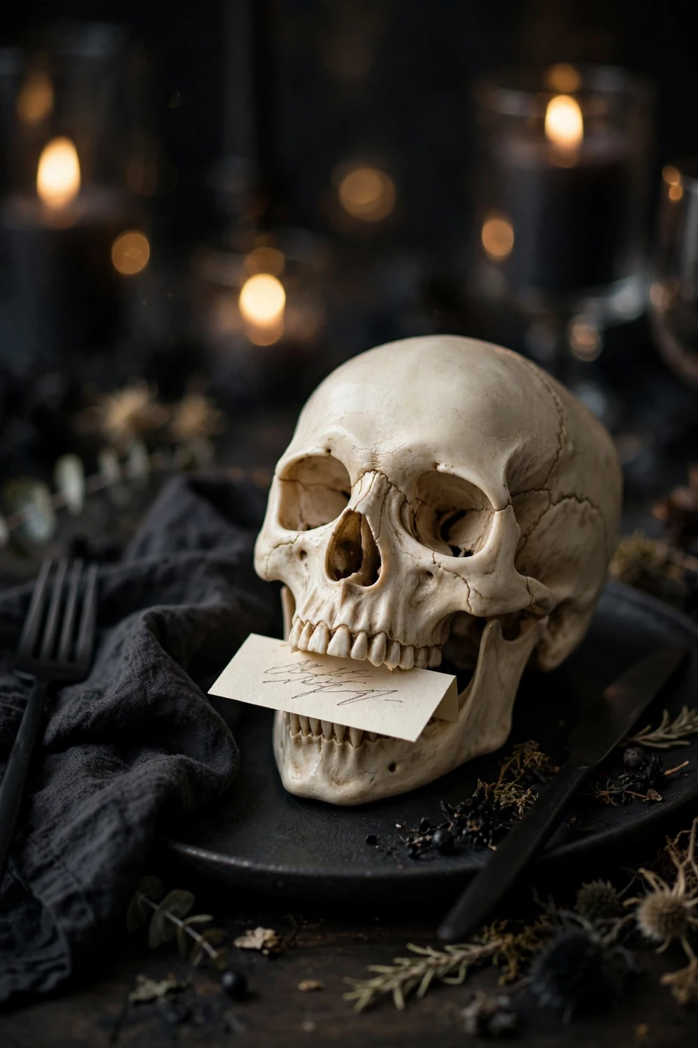 Skull Place Card Holders for Halloween Dinner Small decorative skull holding a handwritten name card on a black charger plate, a playful halloween table decor idea for spooky place settings