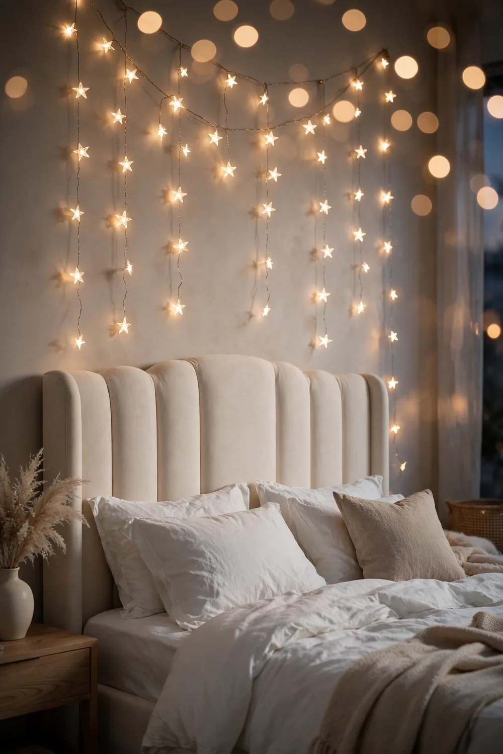 Star String Lights Bedroom Wall Star-shaped fairy string lights cascading down a bedroom wall above the headboard — star motif Christmas decor