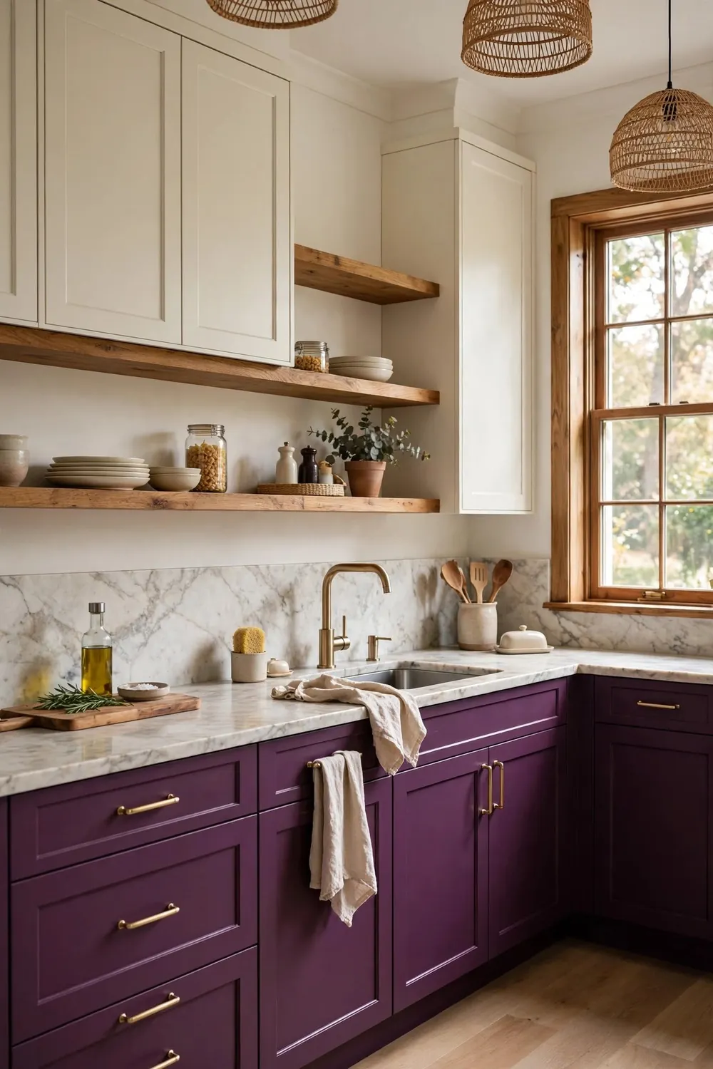 Two tone kitchen with aubergine base cabinets and cream uppers