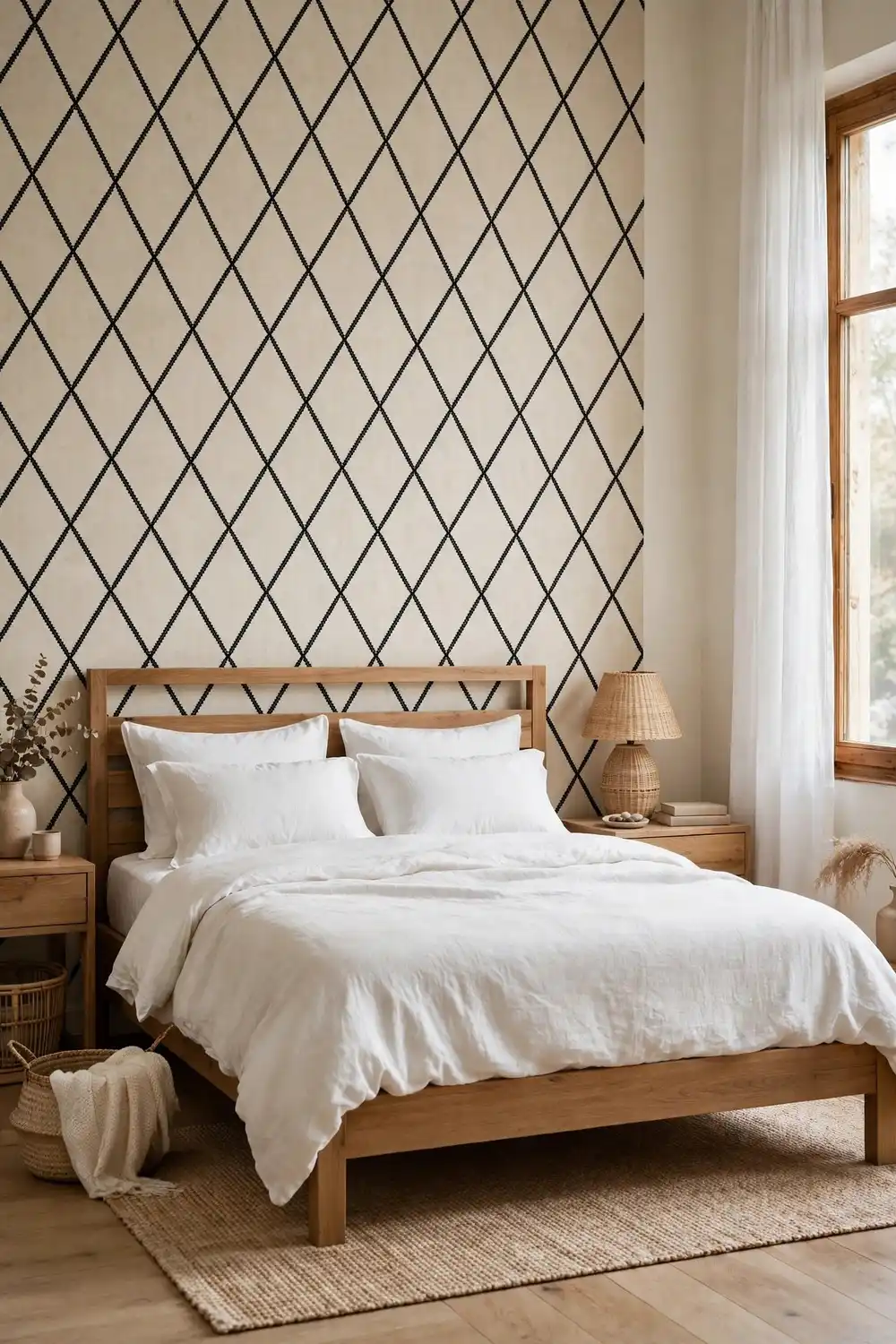 Berber motif decor wallpaper accent wall in bedroom