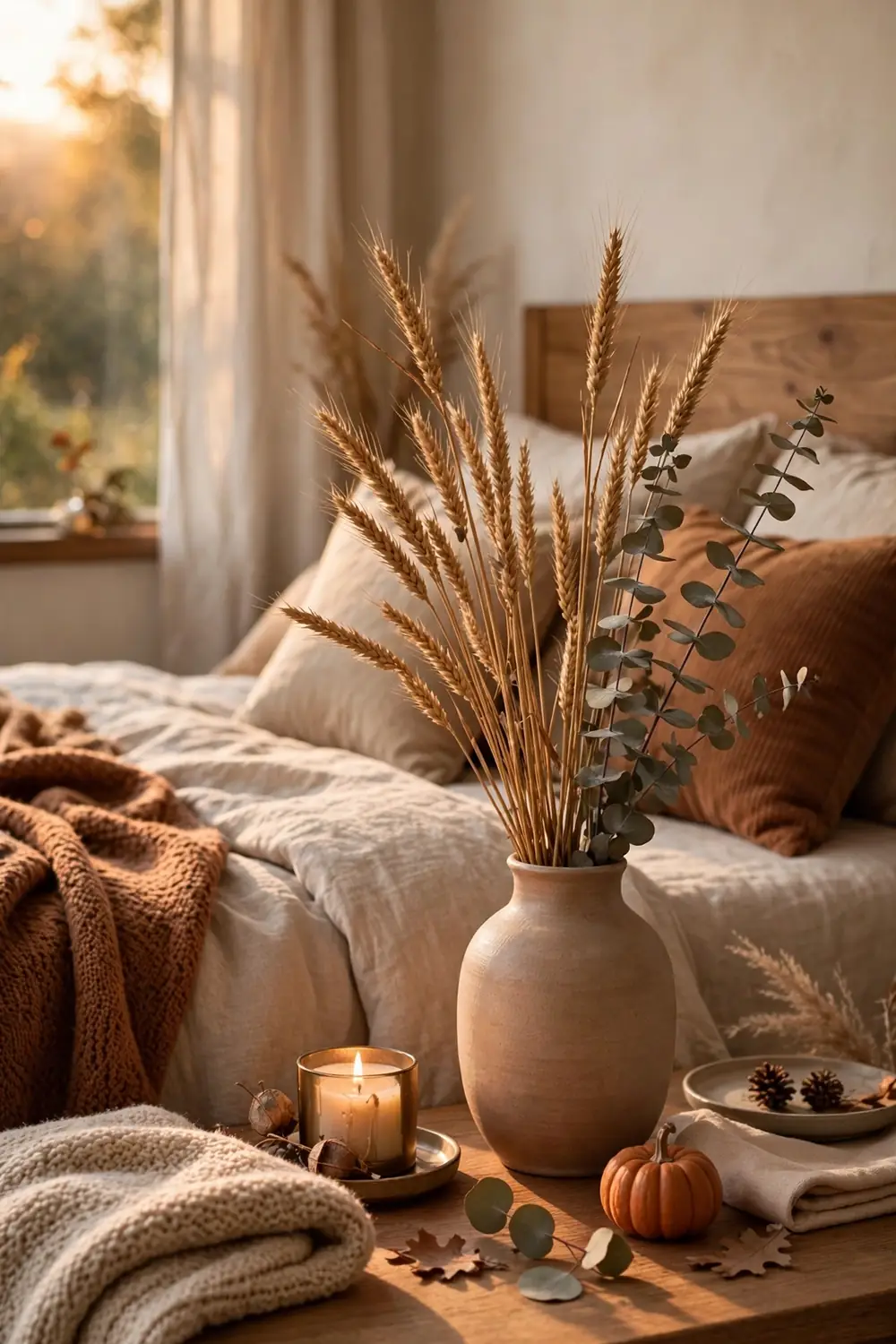 Thanksgiving guest bedroom decor ideas with dried wheat and eucalyptus on the nightstand