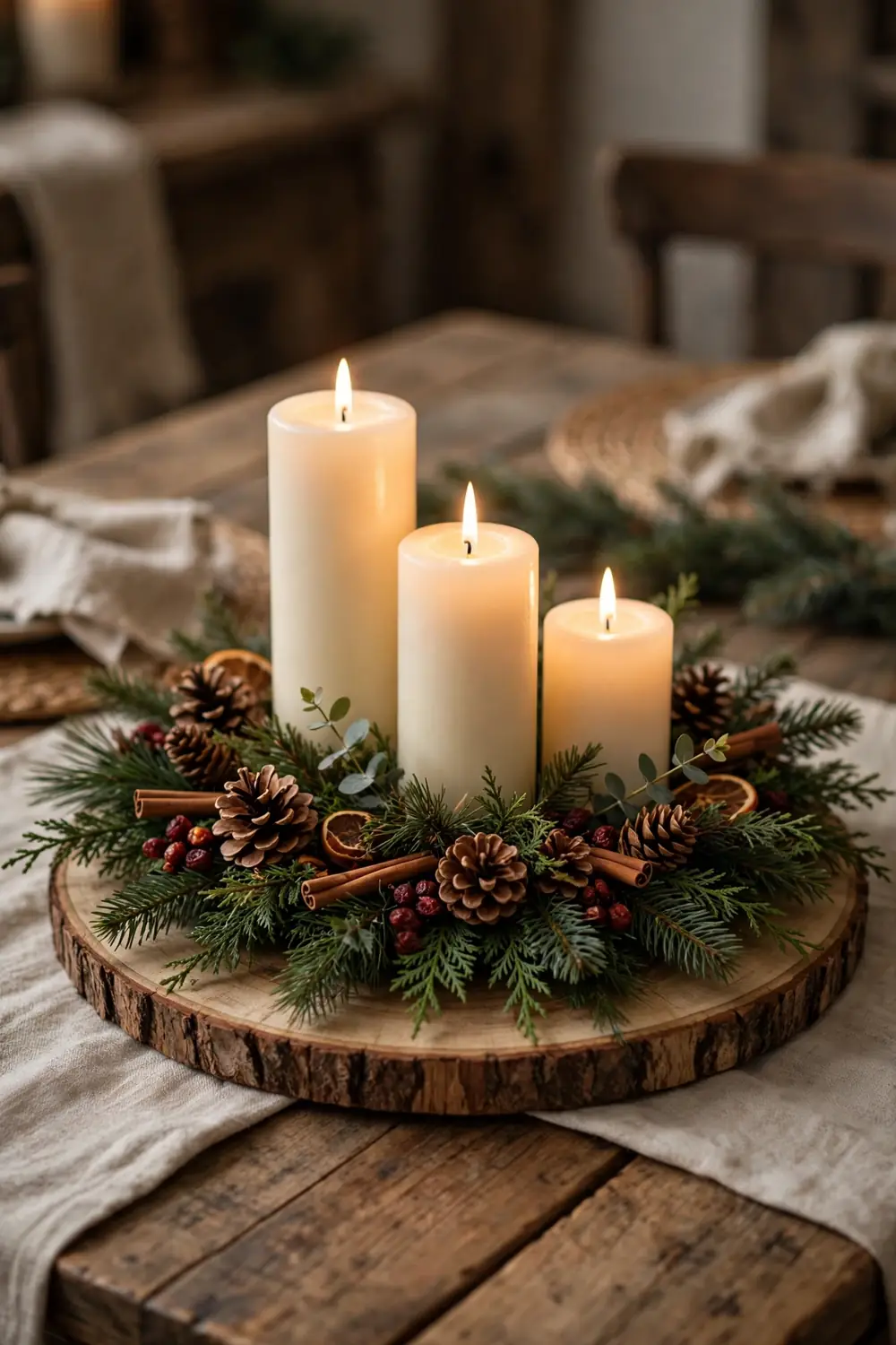 Rustic Wood Slice and Pinecone Christmas Centerpiece Rustic wood slice and pinecone centerpiece, a cozy christmas centerpiece idea for a farmhouse table