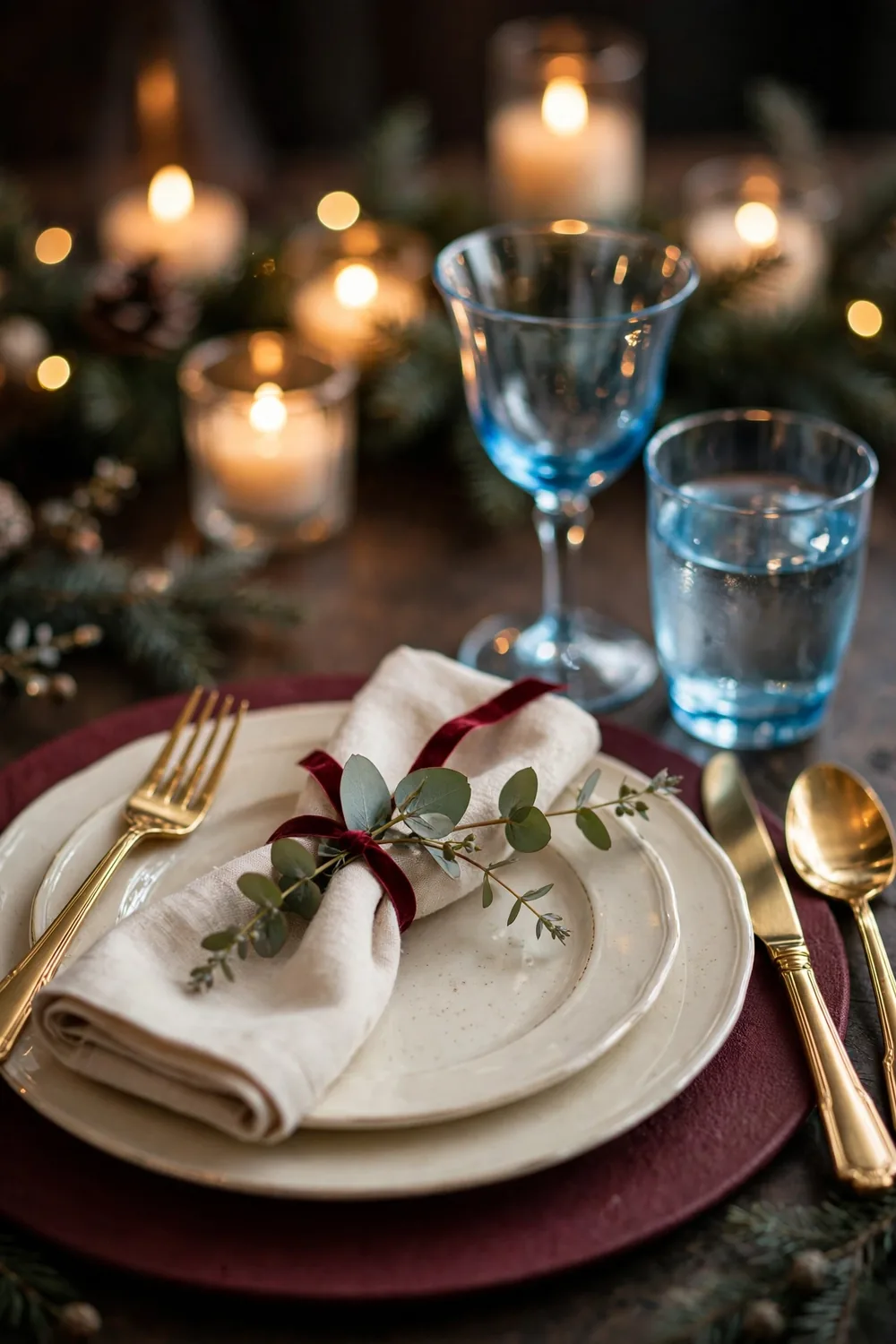 Burgundy chargers with sky blue glassware Christmas place setting Burgundy charger plate and sky blue glass goblets in a Christmas place setting