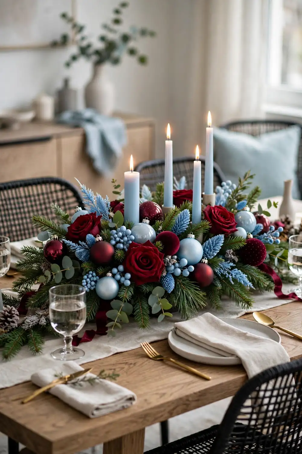 Burgundy and Sky Blue Modern Christmas Centerpiece Burgundy and sky blue modern centerpiece, a fresh christmas centerpiece idea for a stylish holiday table