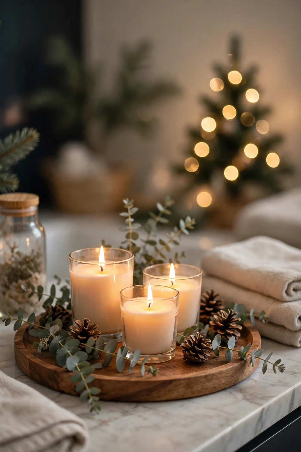 Decorative tray with flameless candles and pine sprigs on a bathroom counter