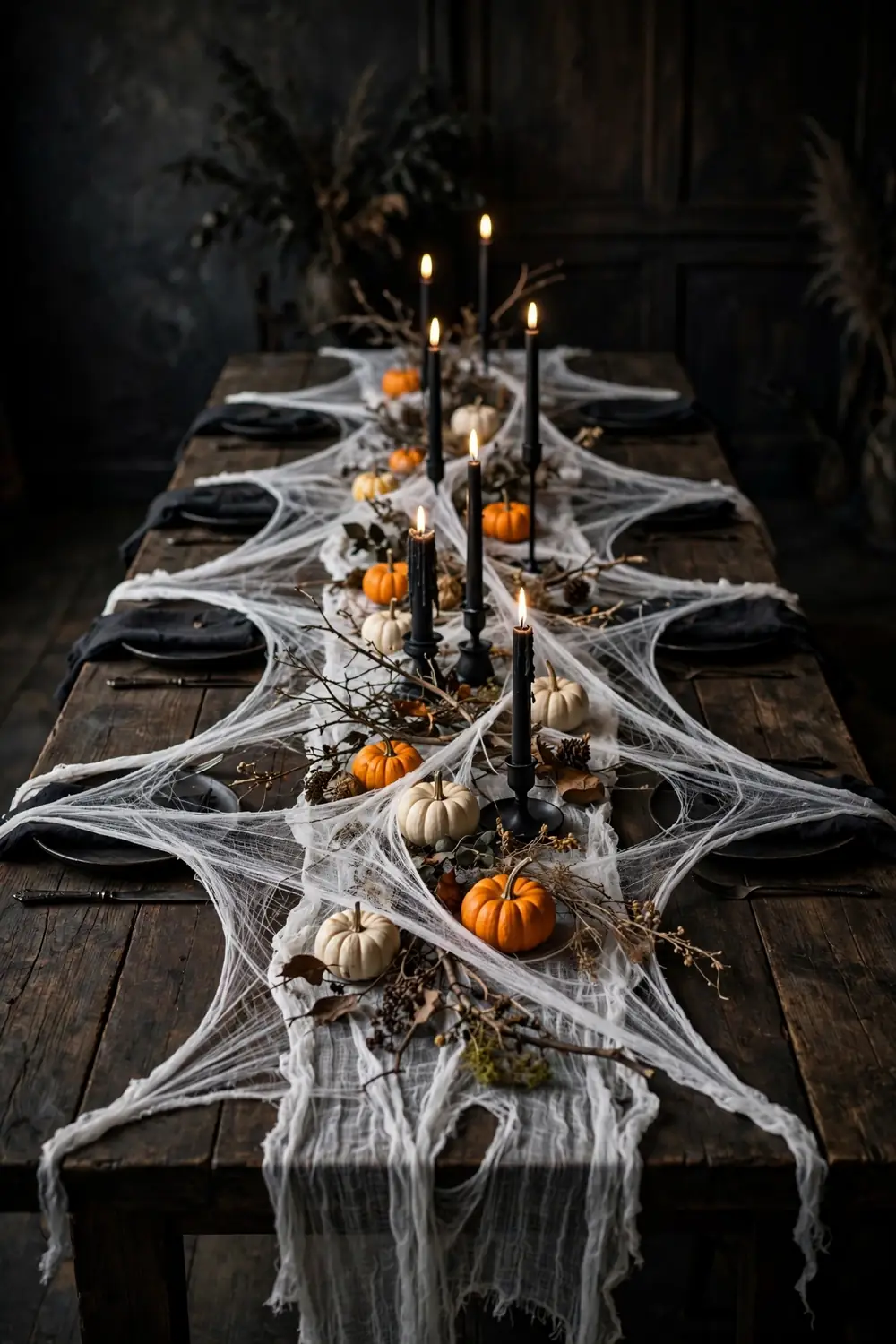 Cheesecloth Spiderweb Table Runner Gauzy white cheesecloth runner draped like a spiderweb across a dark wood Halloween dinner table, an easy halloween table decor idea with black candles and pumpkins