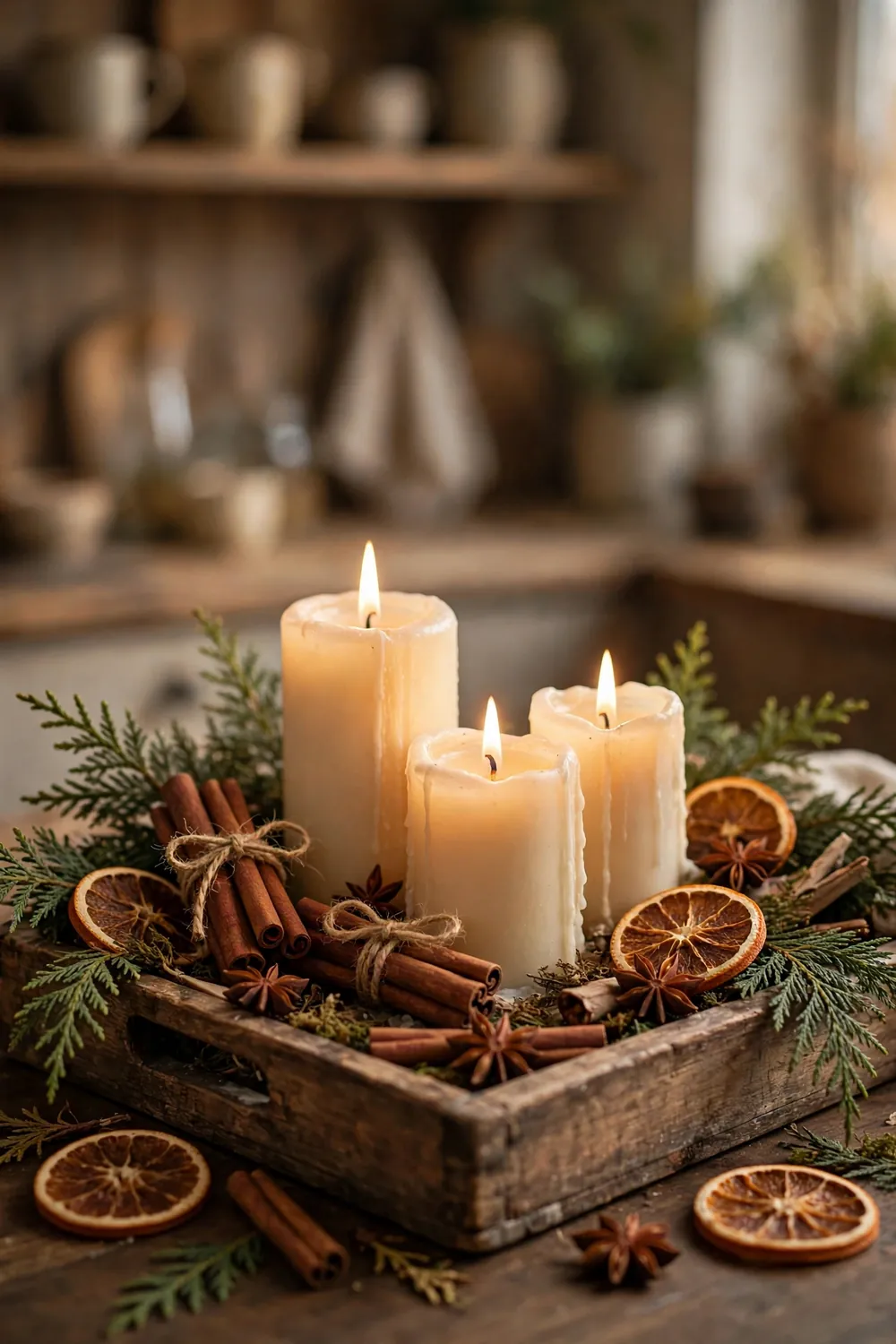 Candle cluster with cinnamon sticks and dried orange slices, a fragrant christmas candle decor idea for a wooden tray