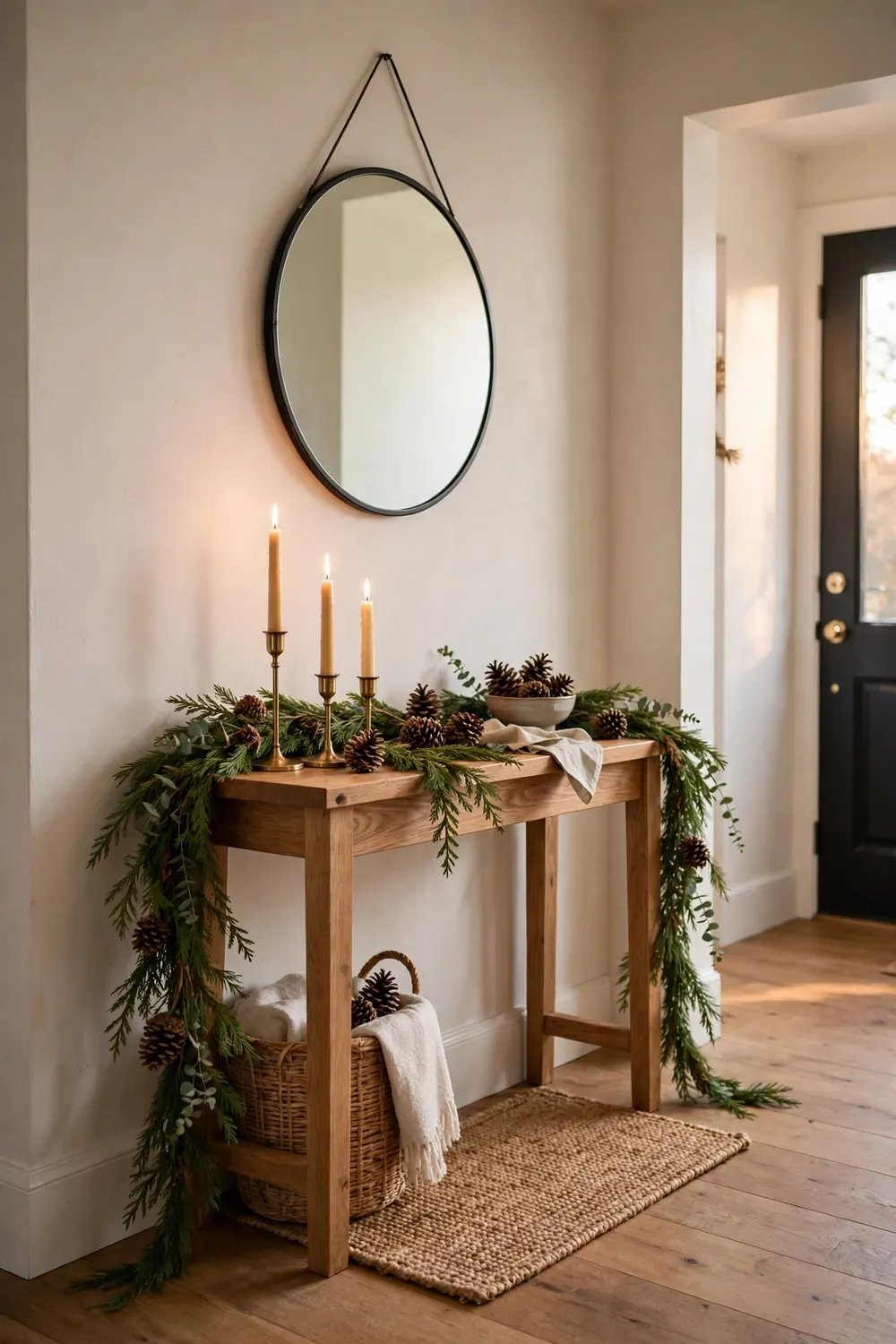 Console table with cedar garland, taper candles, and round mirror Narrow console table styled with cedar garland and taper candles, elegant christmas entryway decor ideas for the foyer