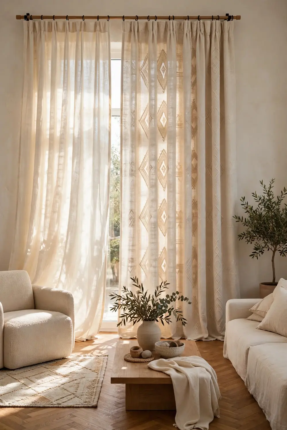 Berber motif decor curtains in bright living room