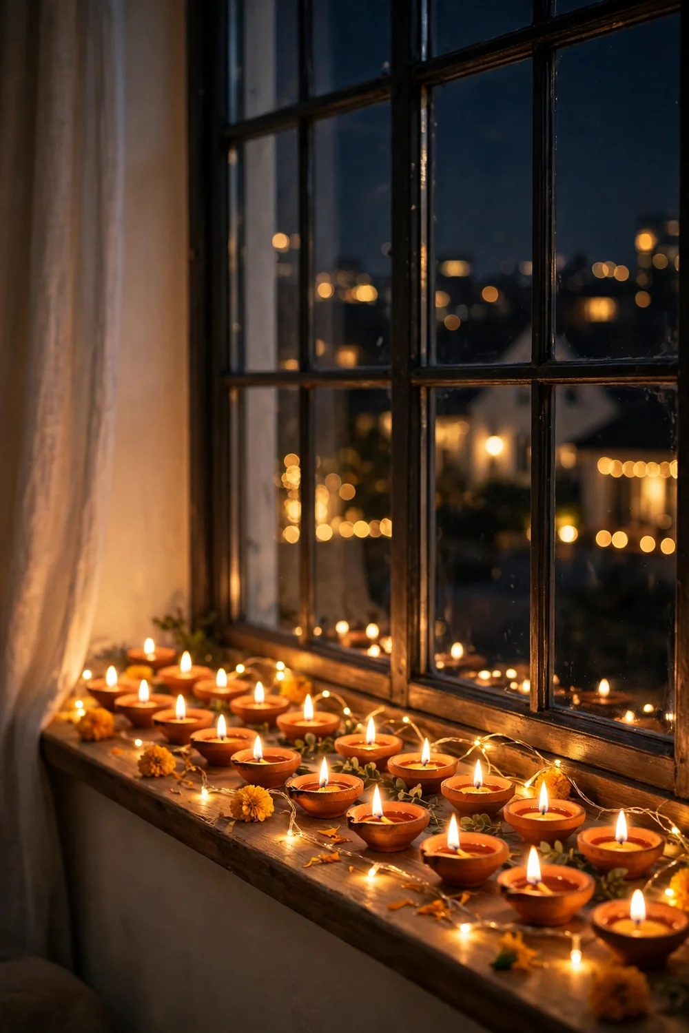 Row of small glowing diyas lined along a window sill at night