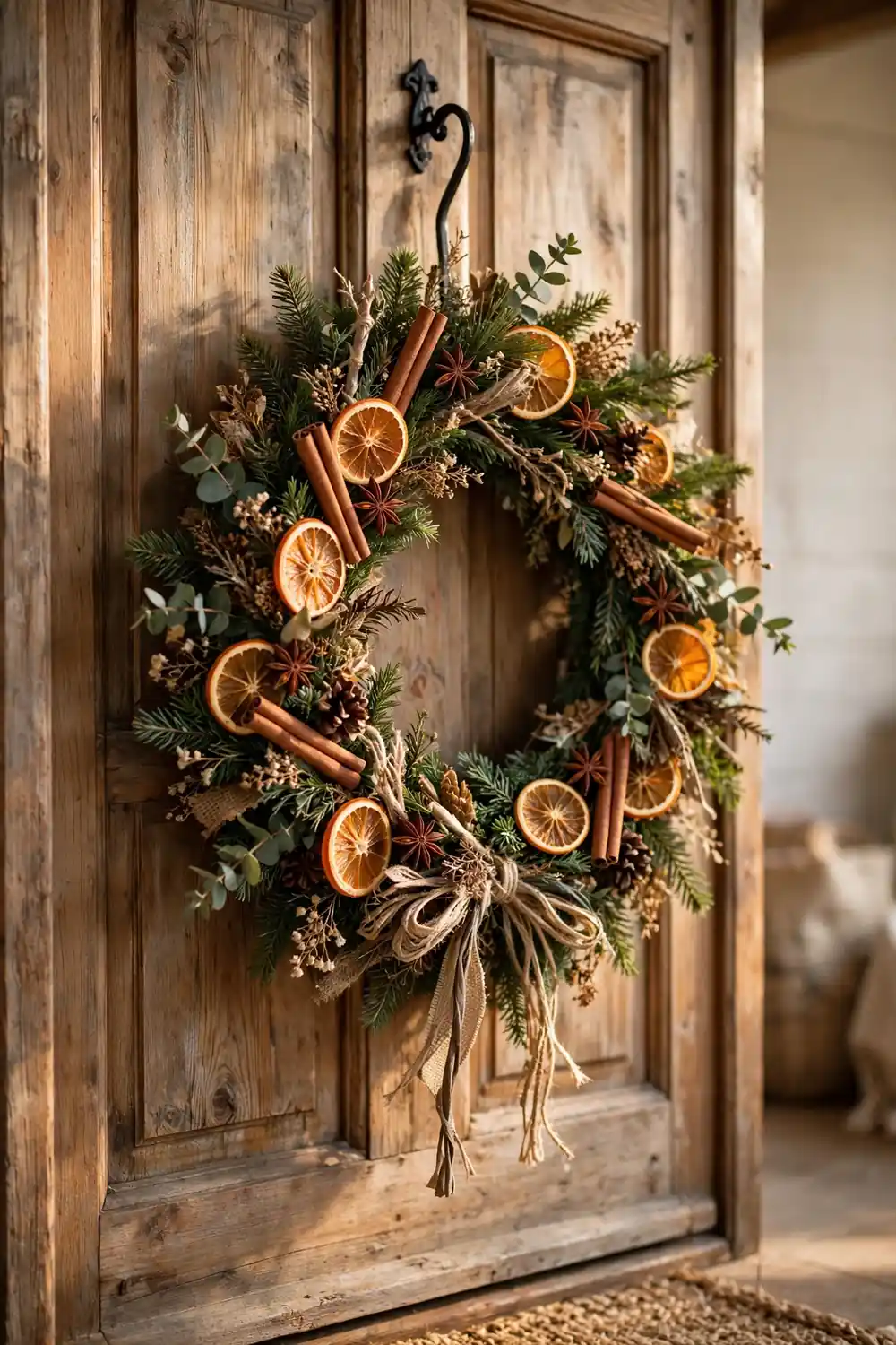 Rustic christmas wreath ideas with dried orange slices and cinnamon sticks on a wooden door