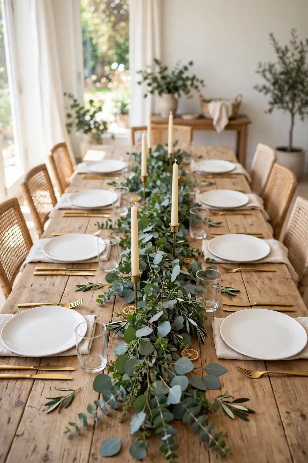 Fresh Eucalyptus Garland Thanksgiving Table Fresh eucalyptus garland table for thanksgiving dining room decor ideas