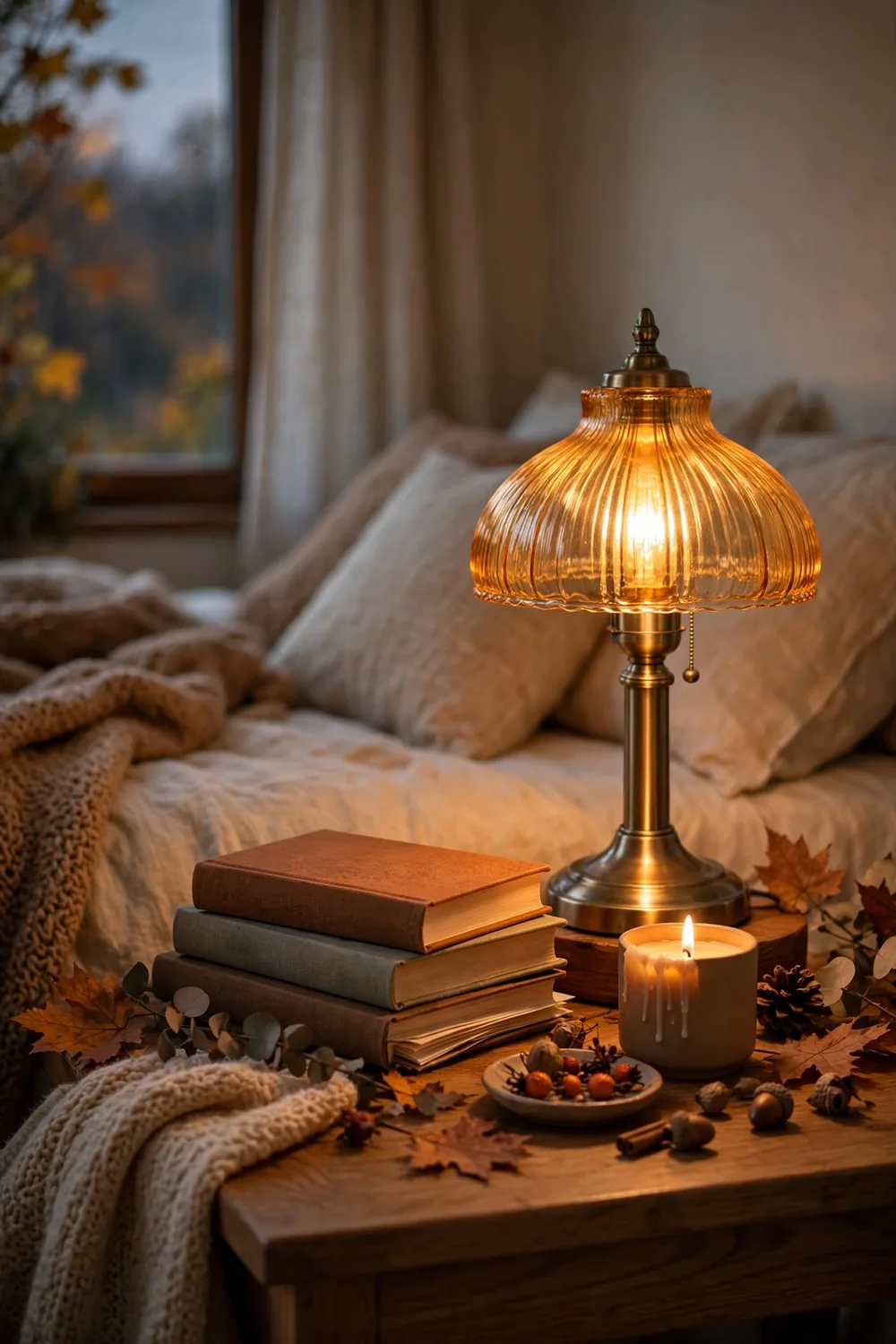 Amber Glass Lamp for Warm Bedside Light Fall bedroom decor with a glowing amber glass lamp on a bedside table at dusk
