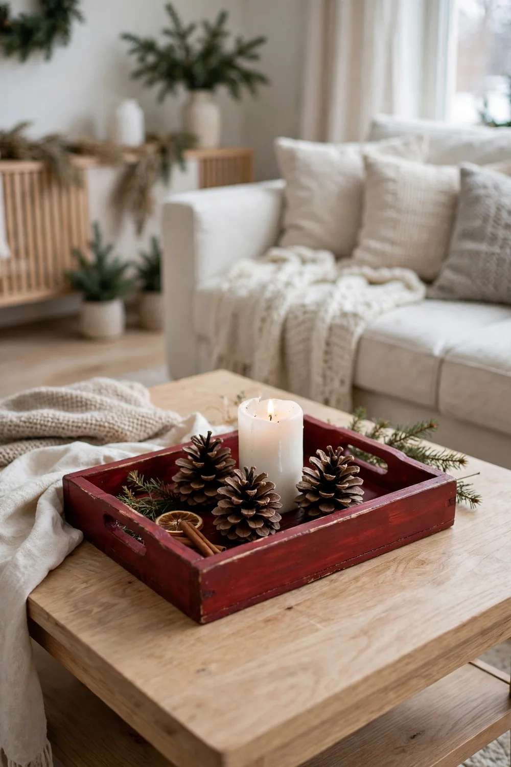 Falu red painted wooden tray with pinecones Small wooden tray painted in deep Falu red holding pinecones on a coffee table