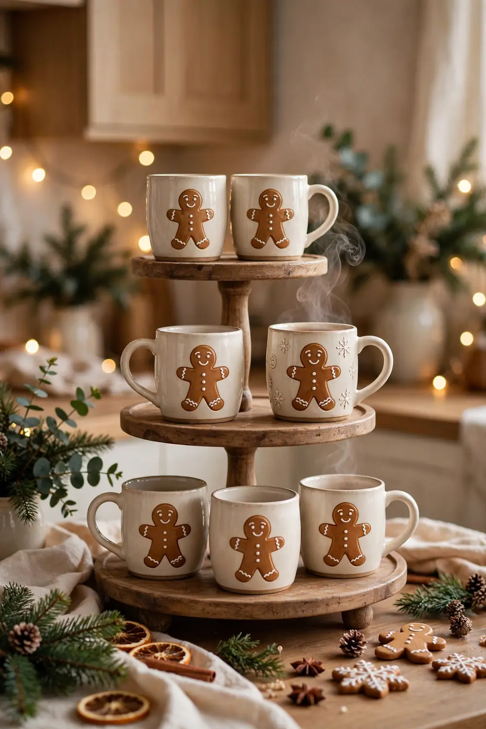 Gingerbread man mug display on a tiered stand Gingerbread Christmas decor ideas with a display of gingerbread man mugs on a tiered stand
