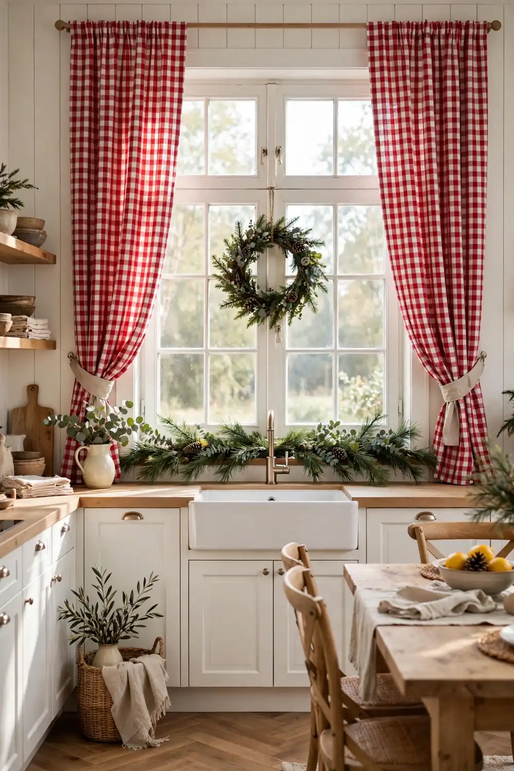 Red and white gingham curtain panels with gingham Christmas decor in a kitchen