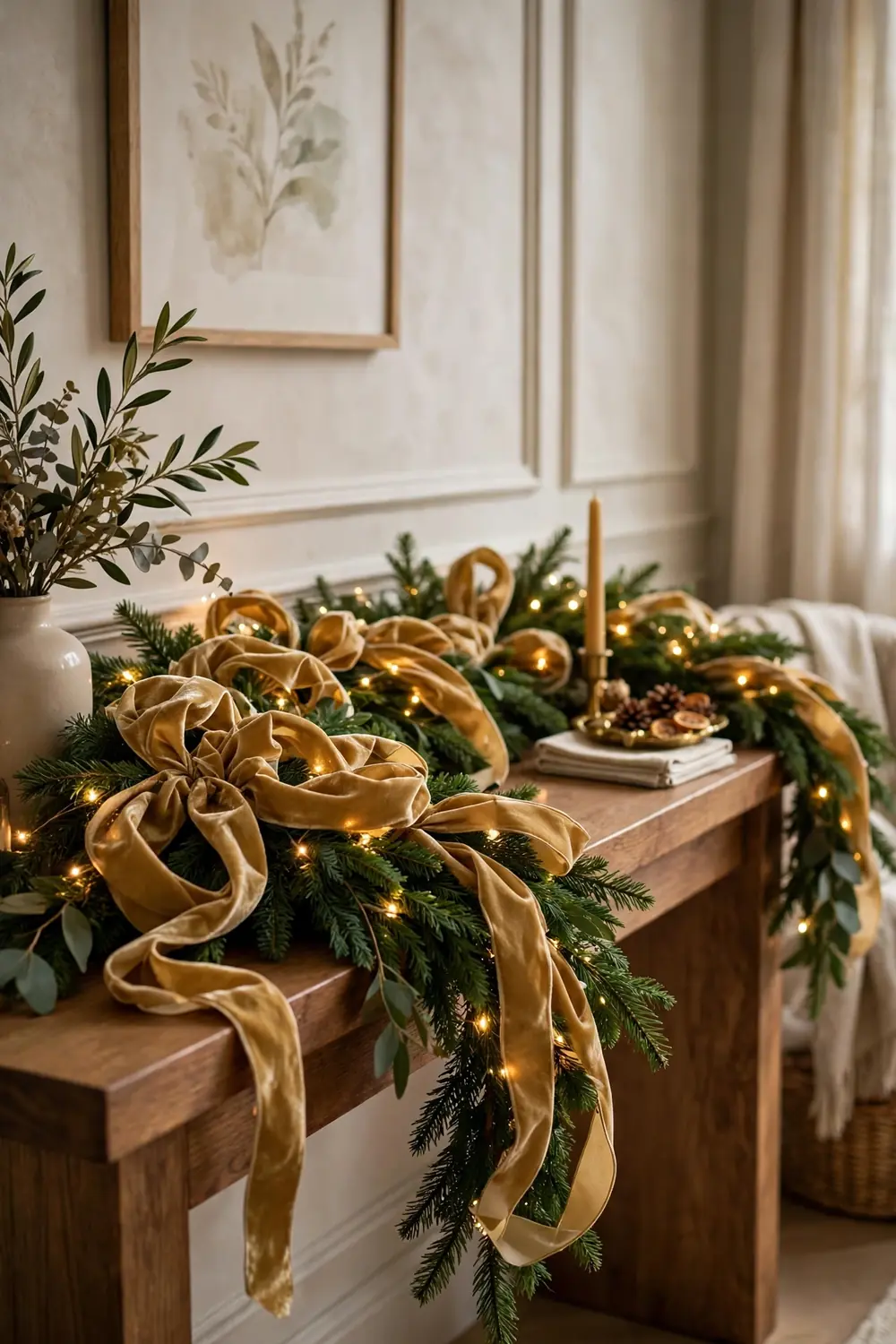 Gold Ribbon Woven Christmas Garland Evergreen Christmas garland woven with wide gold velvet ribbon and fairy lights on a console table