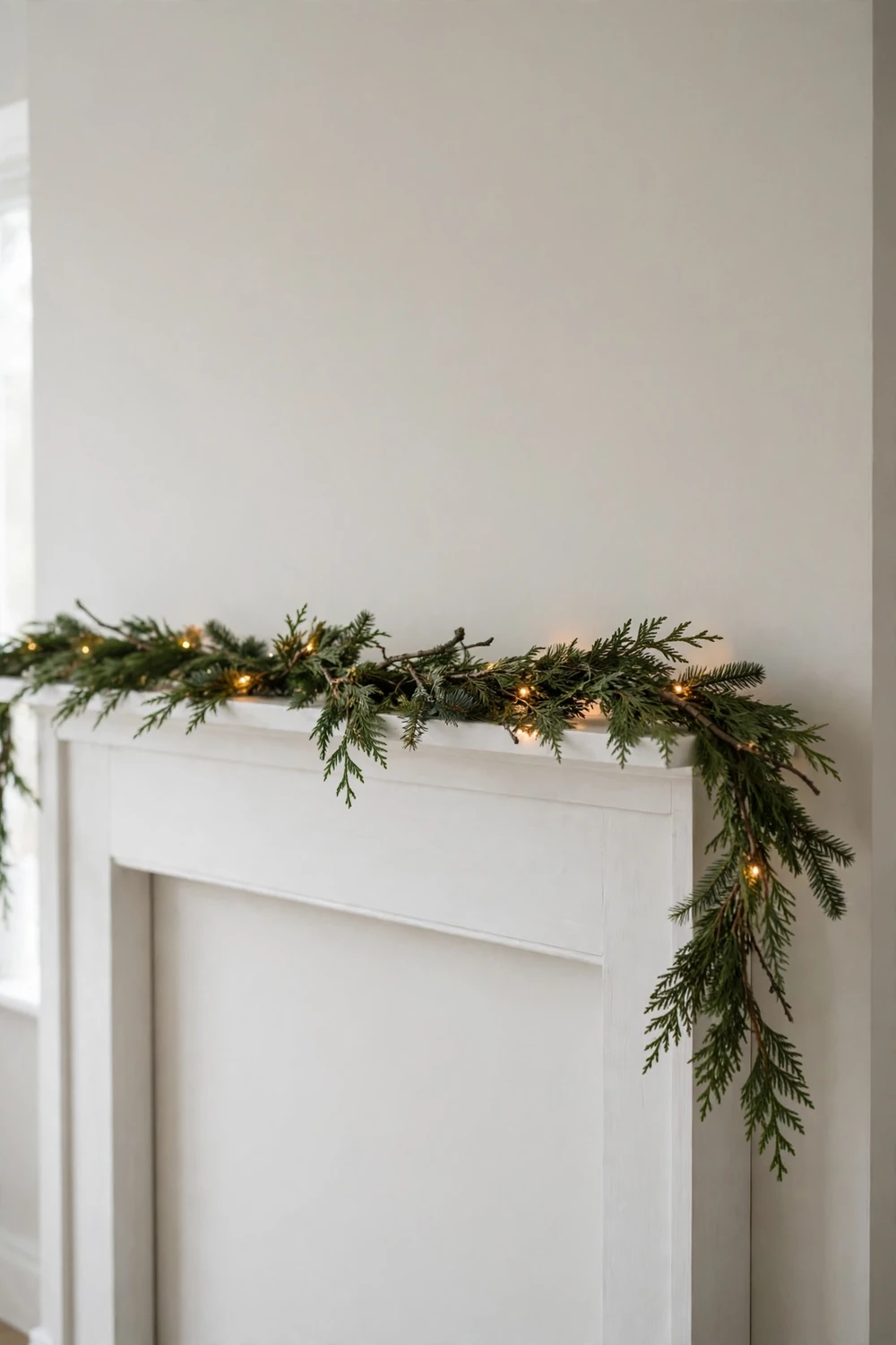 Minimalist Christmas decor ideas: a single fresh greenery garland draped along a wooden mantel with tiny warm lights