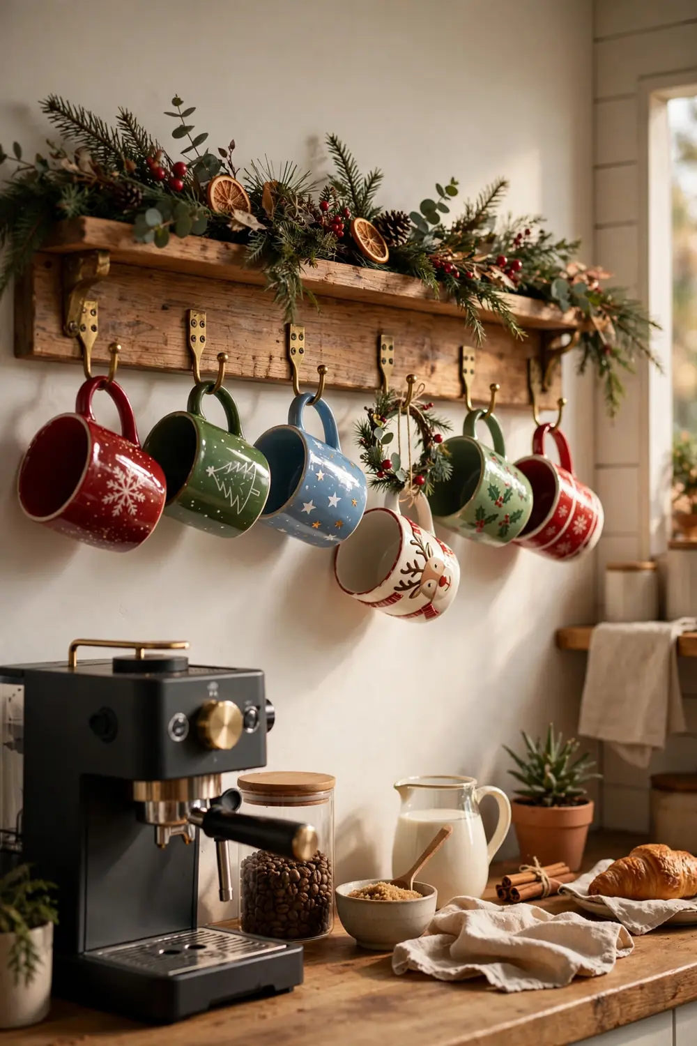 Hanging Festive Mug Display Hanging festive mug display on a wooden rail, charming christmas coffee bar decor ideas