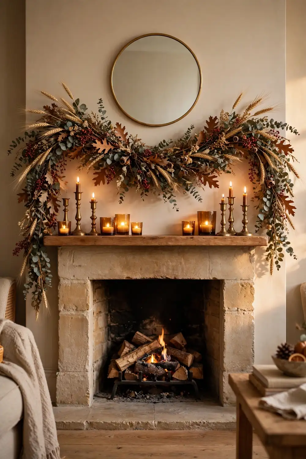 Harvest Garland on the Mantel Dried wheat and eucalyptus harvest garland draped on a fireplace mantel with candles, a beautiful thanksgiving living room decor idea