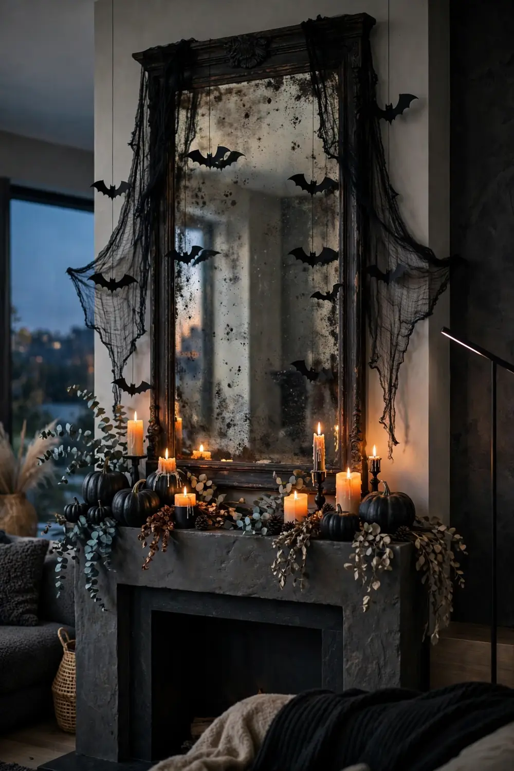 Halloween mantel decor ideas: antique distressed mirror framed by black gauze and bat silhouettes